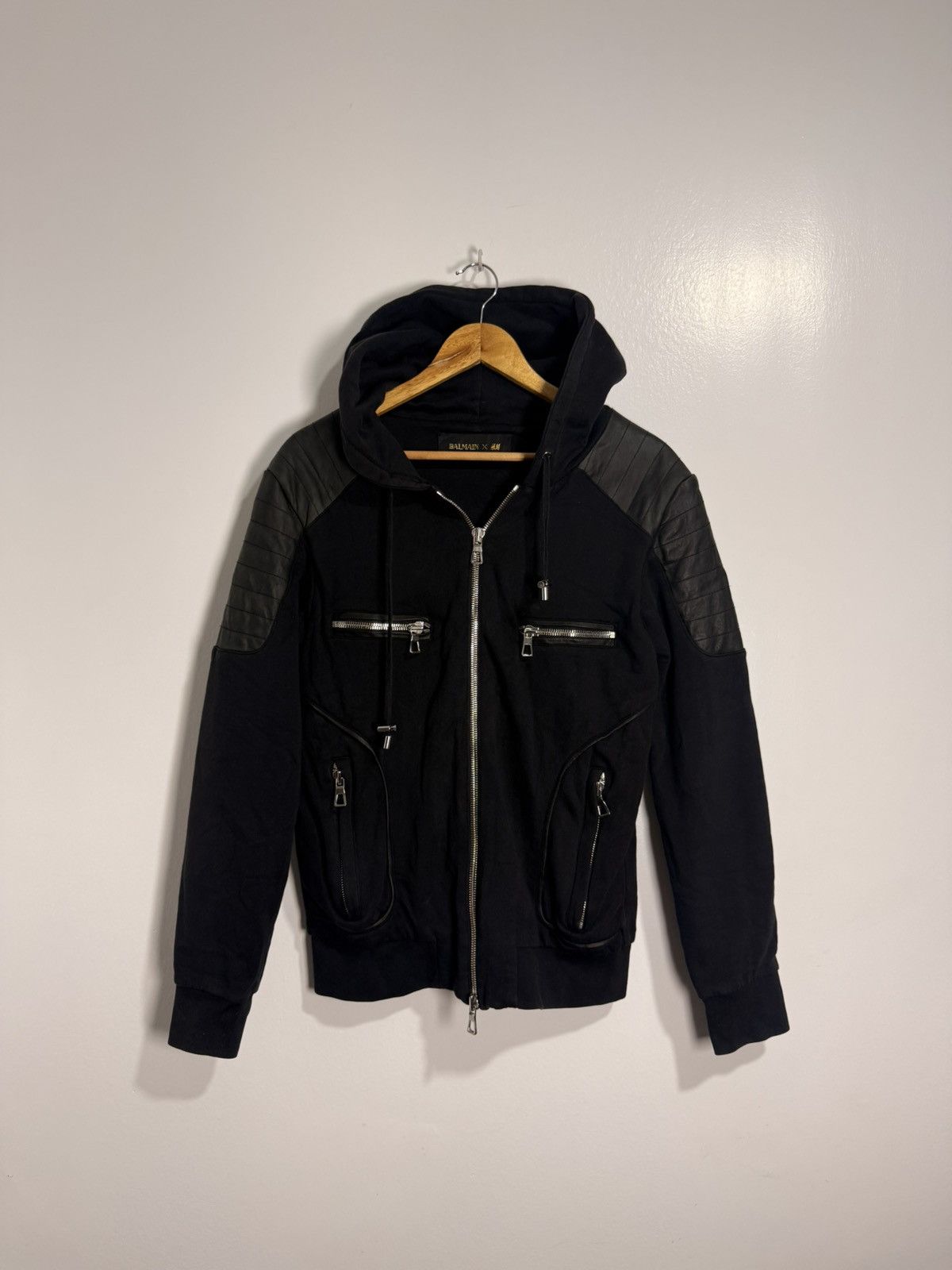Balmain × H&M Balmain H&M Black Biker Leather Zip-up Sweater | Grailed