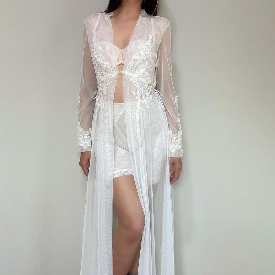 image of Vintage Romantic Jonquil By Diane Samandi White Mesh Robe (S-L), Women's