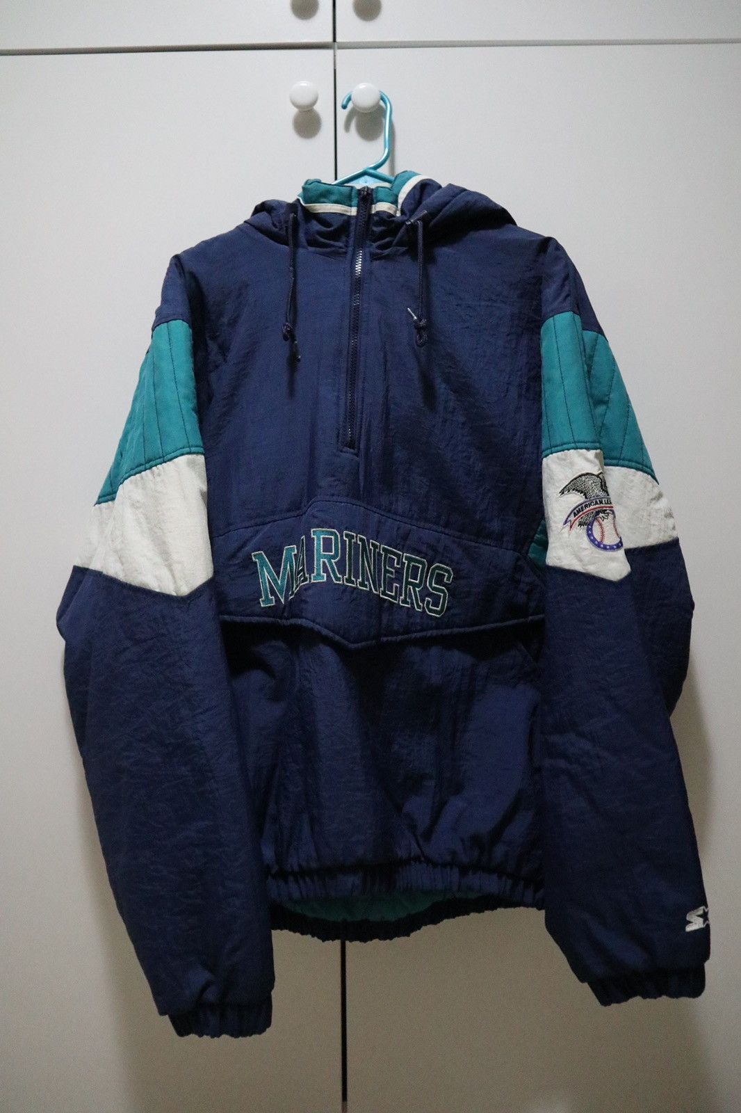image of Mlb x Starter Seattle Mariners Starter Jacket Hooded Pouch Pocket in Blue, Men's (Size Large)
