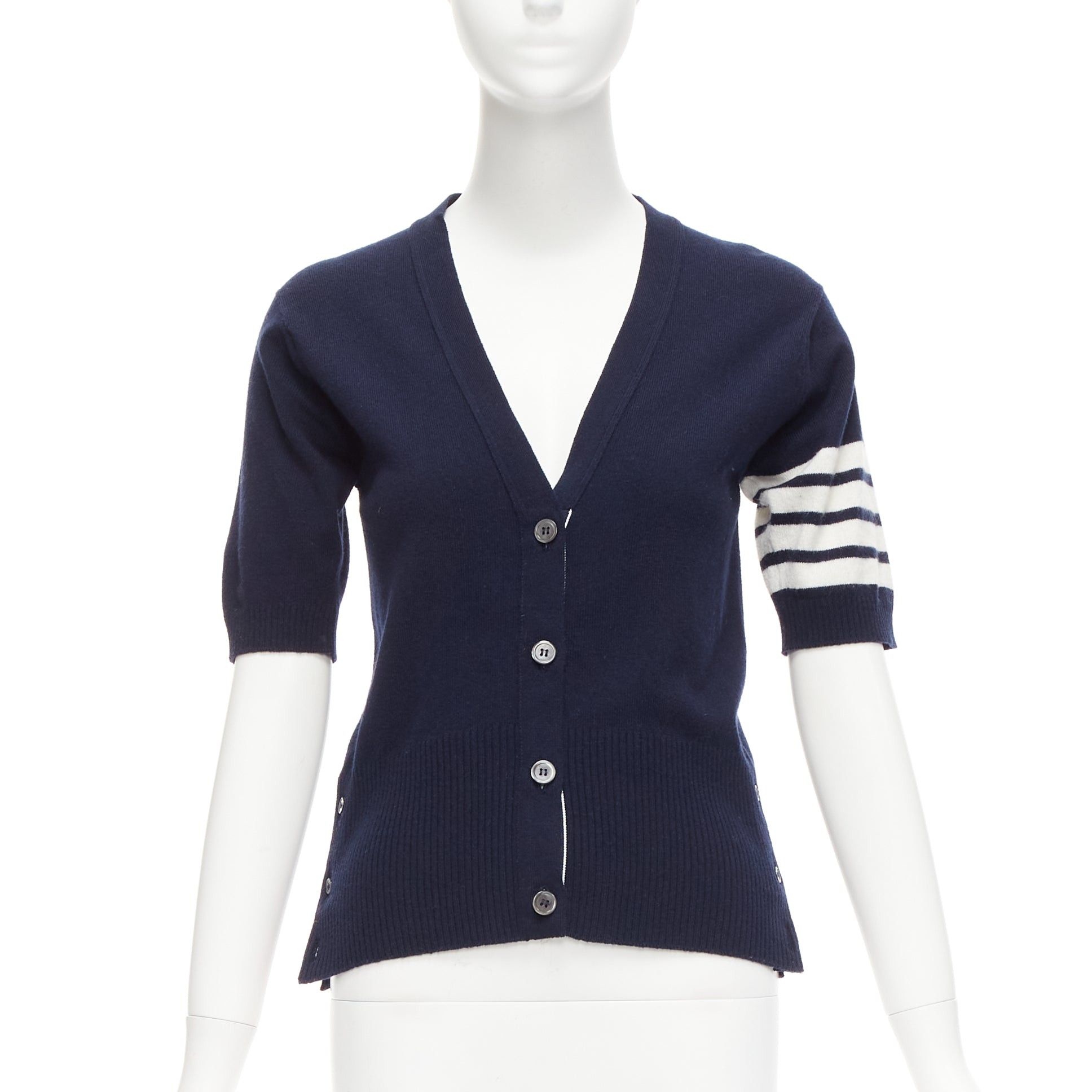 THOM BROWNE 100% cashmere navy white bar stripe button side
