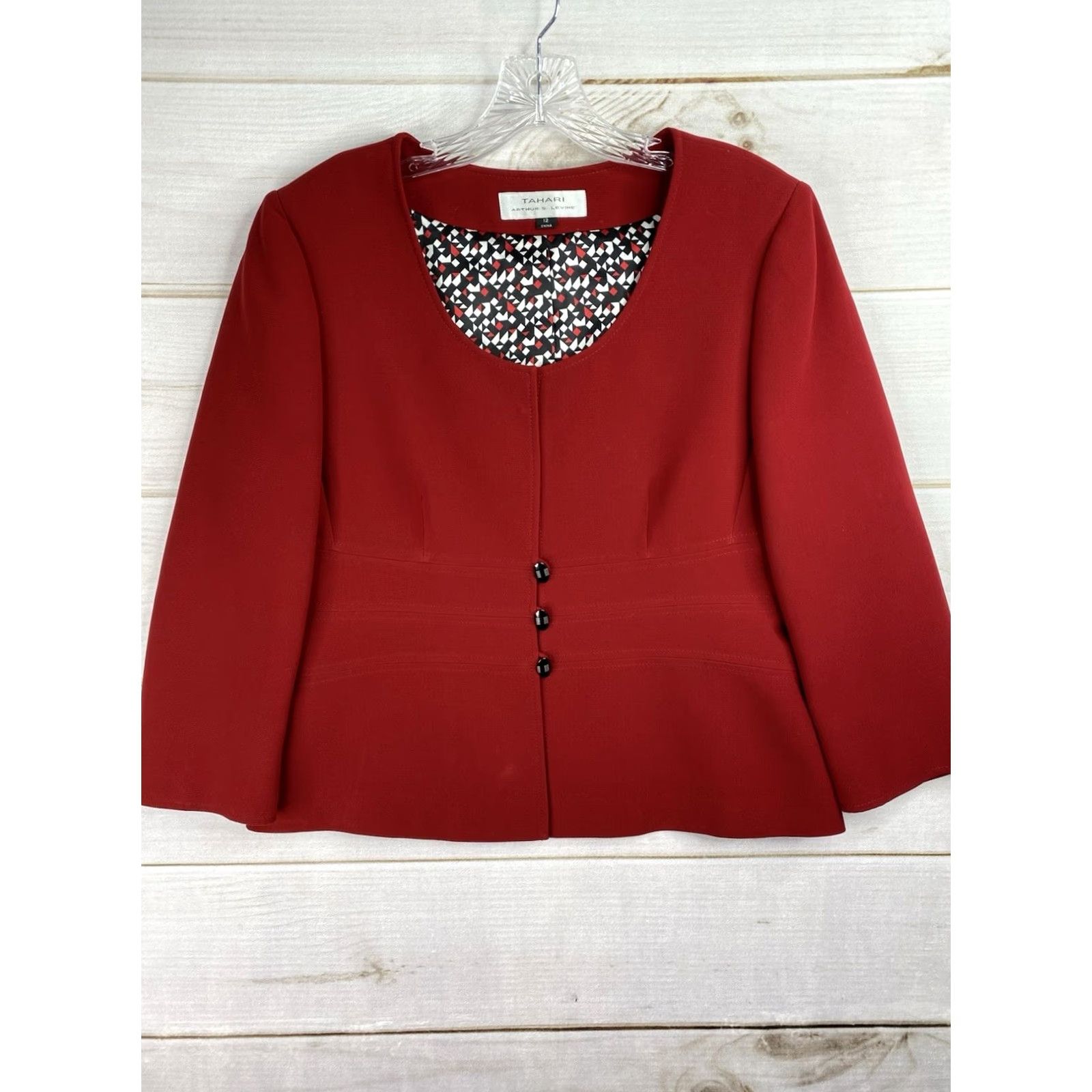 Vintage Tahari Blazer Womens 12 Red 3/4 Sleeve Lined Single-Breasted Button Front Career Jacket Size XL / US 12-14 / IT 48-50 - 2 Thumbnail