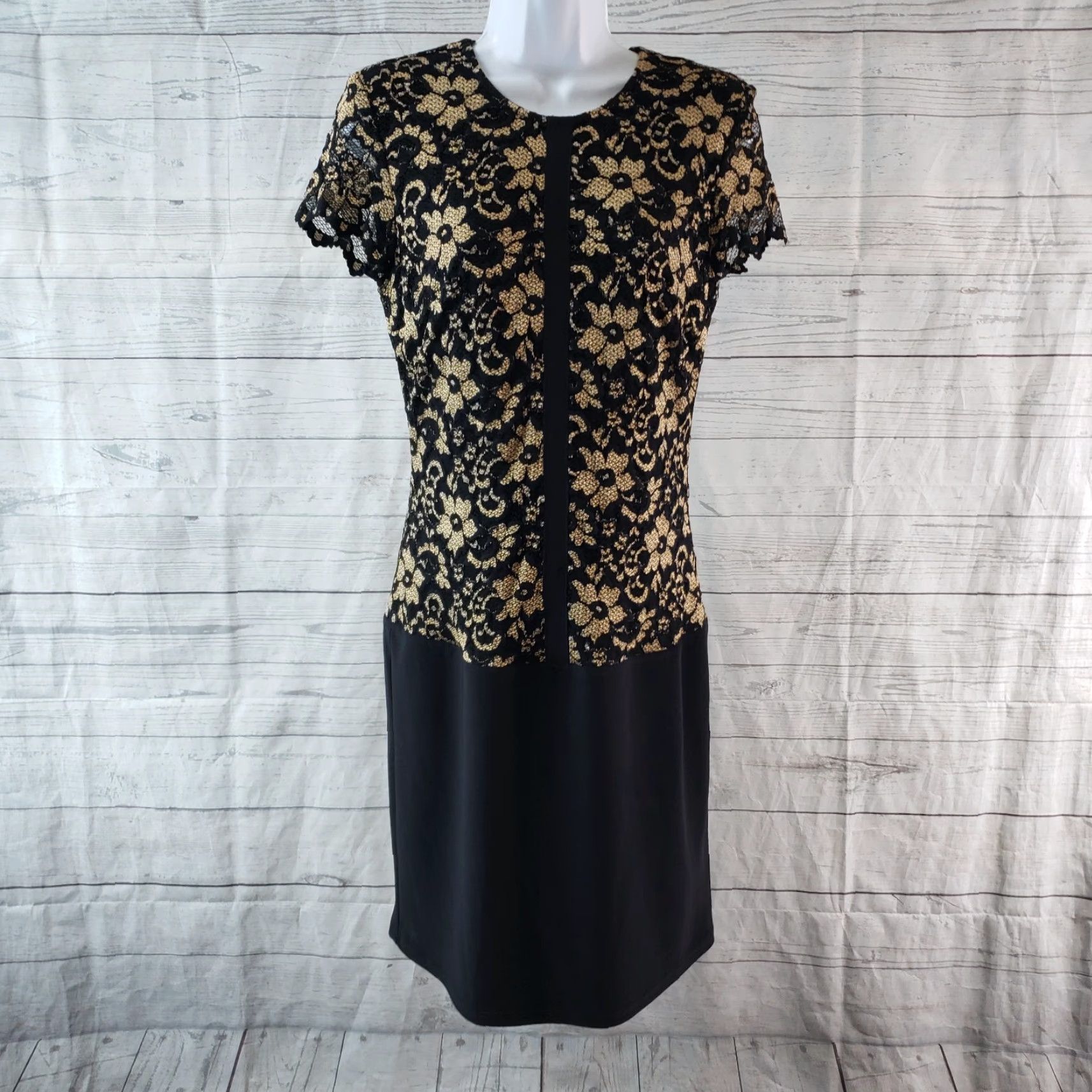 Joseph Ribkoff Joseph Ribkoff Womens Dress Sz 6 Black Gold Lace Floral Short Sleeve Size 28" / US 6 / IT 42 - 2 Thumbnail