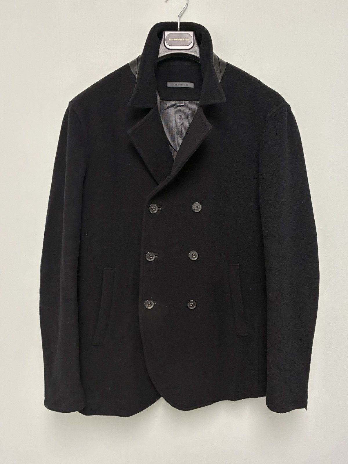 John Varvatos Black leather collar peacoat jacket EU 52 USA 42 Size US L / EU 52-54 / 3 - 8 Thumbnail