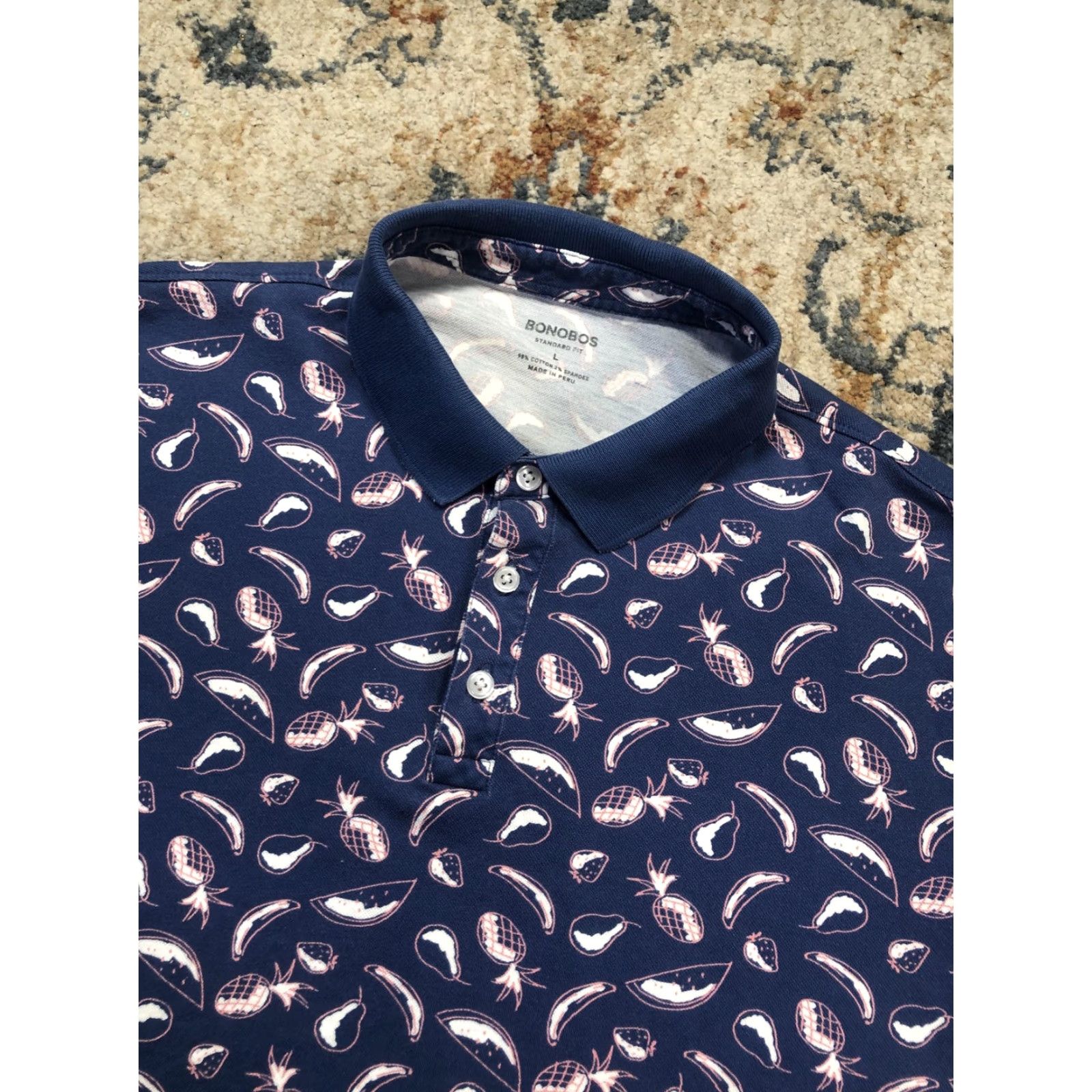 Bonobos Bonobos Polo Shirt Mens L Blue Tropical Fruit Print Short Sleeve Stretch Polo Shirt Casual Summer 98% Cotton 2% Spandex Regular Fit Graphic Print Size US L / EU 52-54 / 3 - 6 Thumbnail