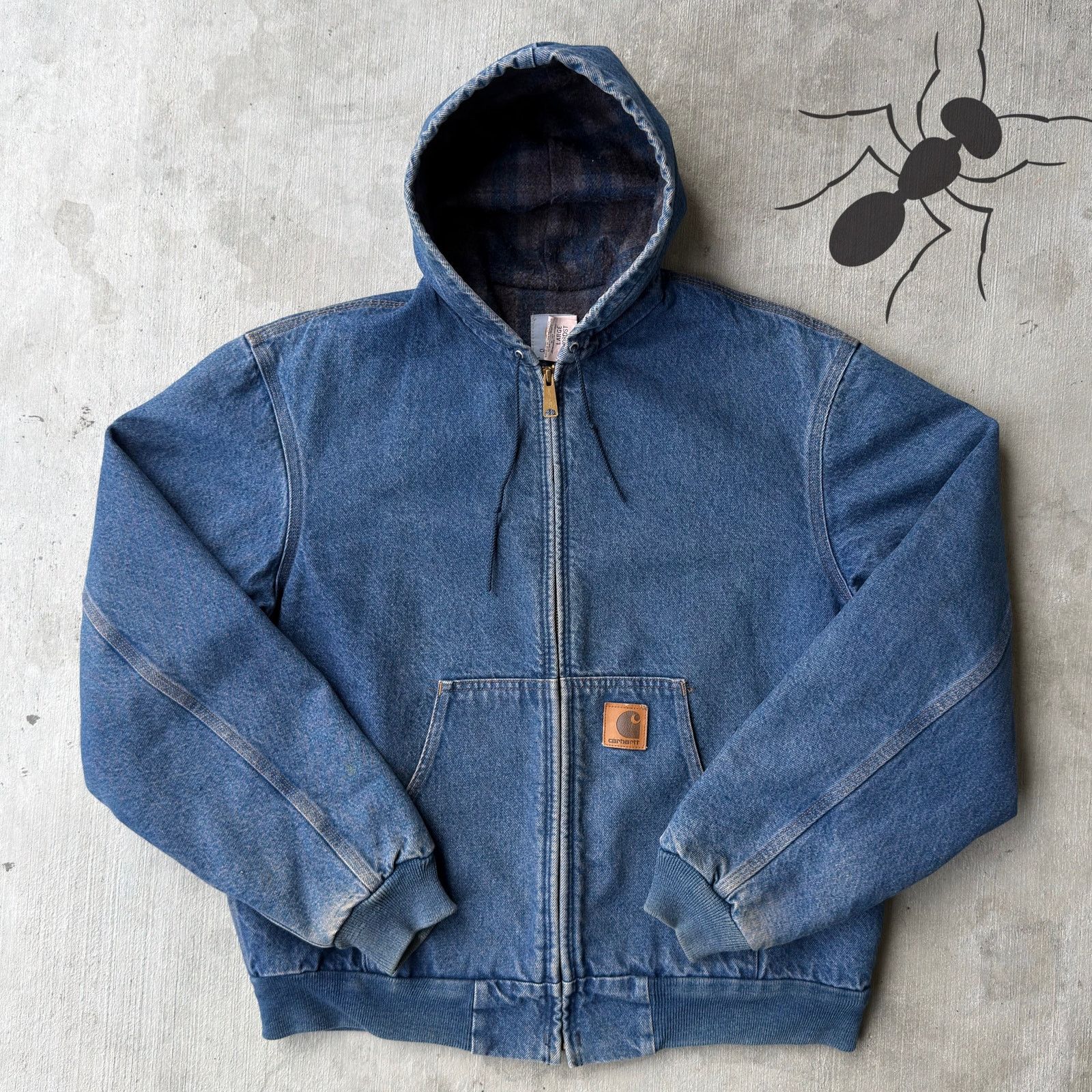 Vintage Carhartt J08 DST Large denim blue hooded work jacket