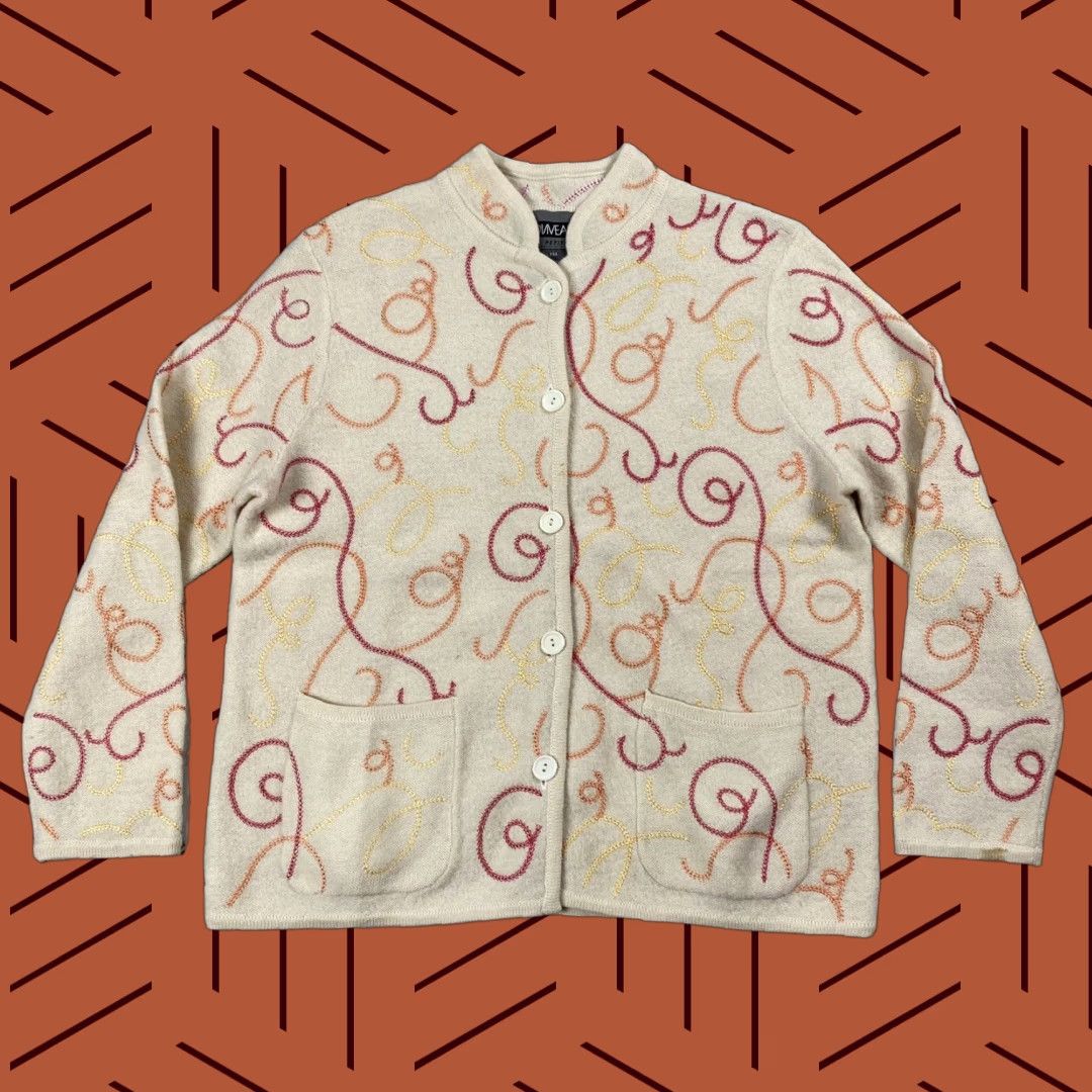 Vintage VINTAGE Nonveanx Embroidered Cream Cardigan Blazer Knit Wool Blend Petite PM Pink Ivory Long Sleeve 90s Womens Size M / US 6-8 / IT 42-44 - 1 Thumbnail