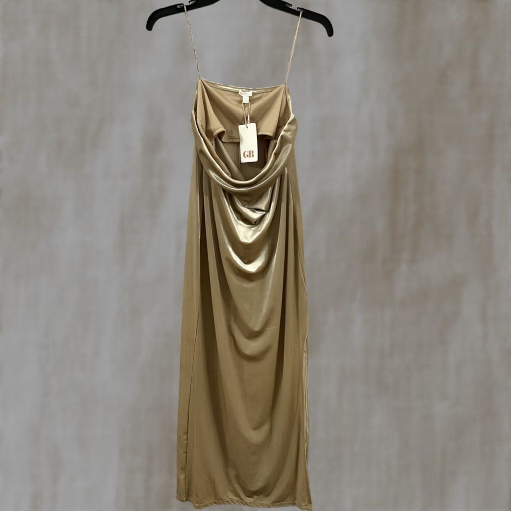 Vintage GB Gold Long Prom Dress Medium Sleeveless Off the Shoulder A-Line Women Formal Long Gold Size M / US 6-8 / IT 42-44 - 1 Thumbnail