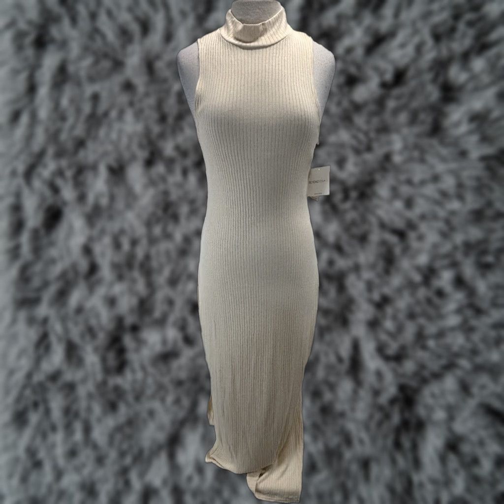 Beyond Yoga Maxi Dress Ivory Ribbed Stretch Mock Neck Large Women Sleeveless Knit Polyester Blend Casual Party/Cocktail