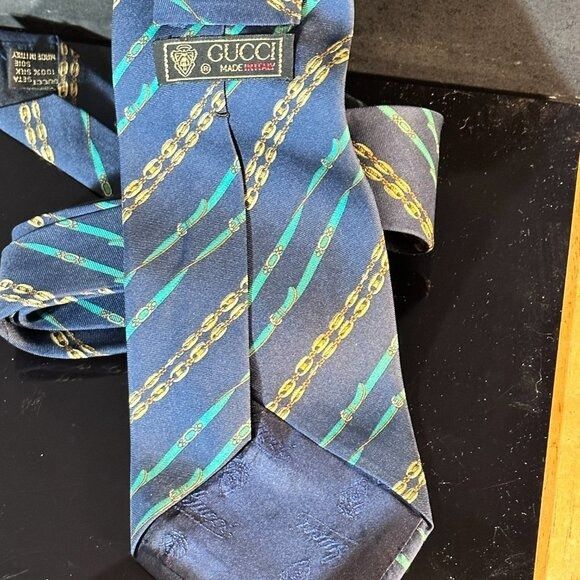 Gucci Gucci Logo Silk Tie Kelly Green Blue Striped Gold Link Chain Size ONE SIZE - 6 Thumbnail