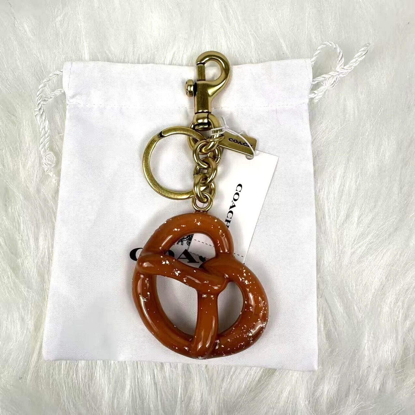 Coach Small Pretzel Bag Charm Keychain In Brass Brown NWT