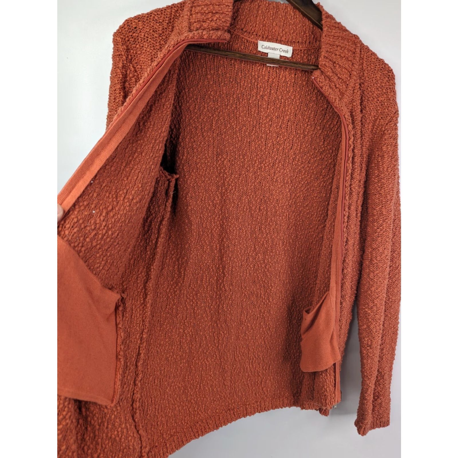 Coldwater Creek Coldwater Creek Cardigan Women’s Medium Orange Knobby Knit Mock Neck Zipper Pocket 90s Style Knit Open-Knit Casual Travel Sweater Size M / US 6-8 / IT 42-44 - 4 Thumbnail