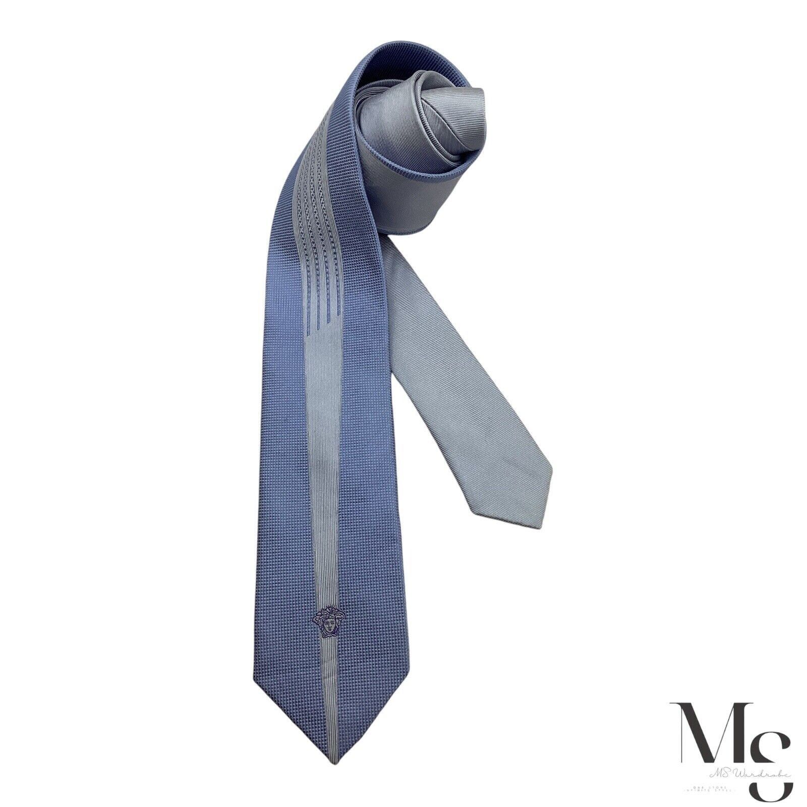 Versace VERSACE Blue Striped Medusa Head Logo Made In Italy Silk Tie Size ONE SIZE - 2 Thumbnail