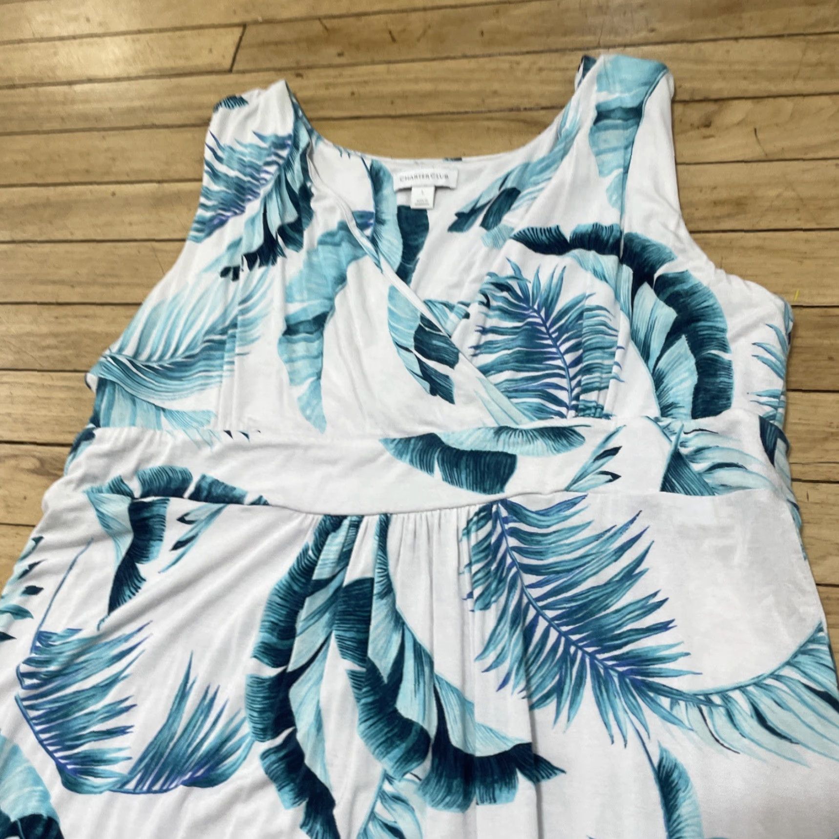 Charter Club Charter Club Hawaiian Floral Dress Women L White Cream Blue Beach Aloha Leaves Maxi, Sleeveless, Pullover, Floral Pattern, Casual, Summer, Spring Size L / US 10 / IT 46 - 3 Thumbnail