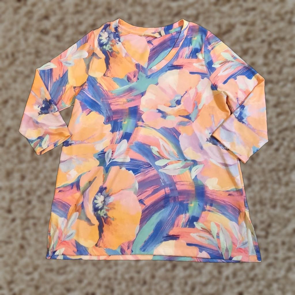 Soft Surroundings Soft Surroundings Shirt Medium Orange Floral 3/4 Sleeve V-Neck Art Casual Womens Size M / US 6-8 / IT 42-44 - 1 Thumbnail