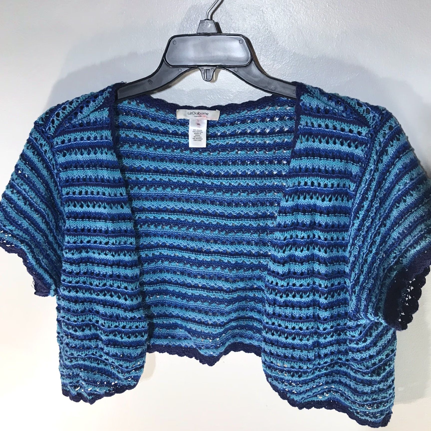 Liz Claiborne VINTAGE Liz Claiborne Women's Crochet Shrug 90s Open-Knit Cotton Ramie Lightweight Blue XL Size XL / US 12-14 / IT 48-50 - 3 Thumbnail