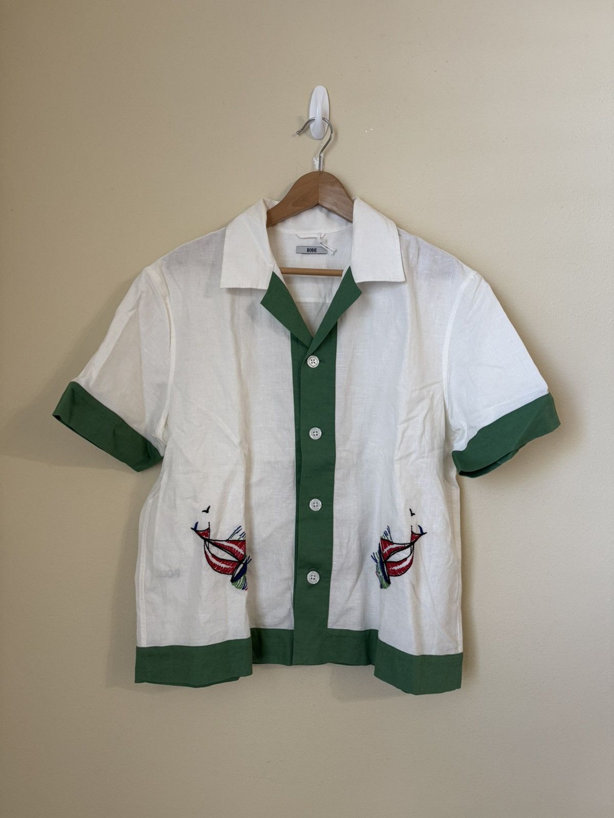 Bode Bode Sailboat Button Up Shirt White Green Linen Medium Large Size US M / EU 48-50 / 2 - 1 Thumbnail