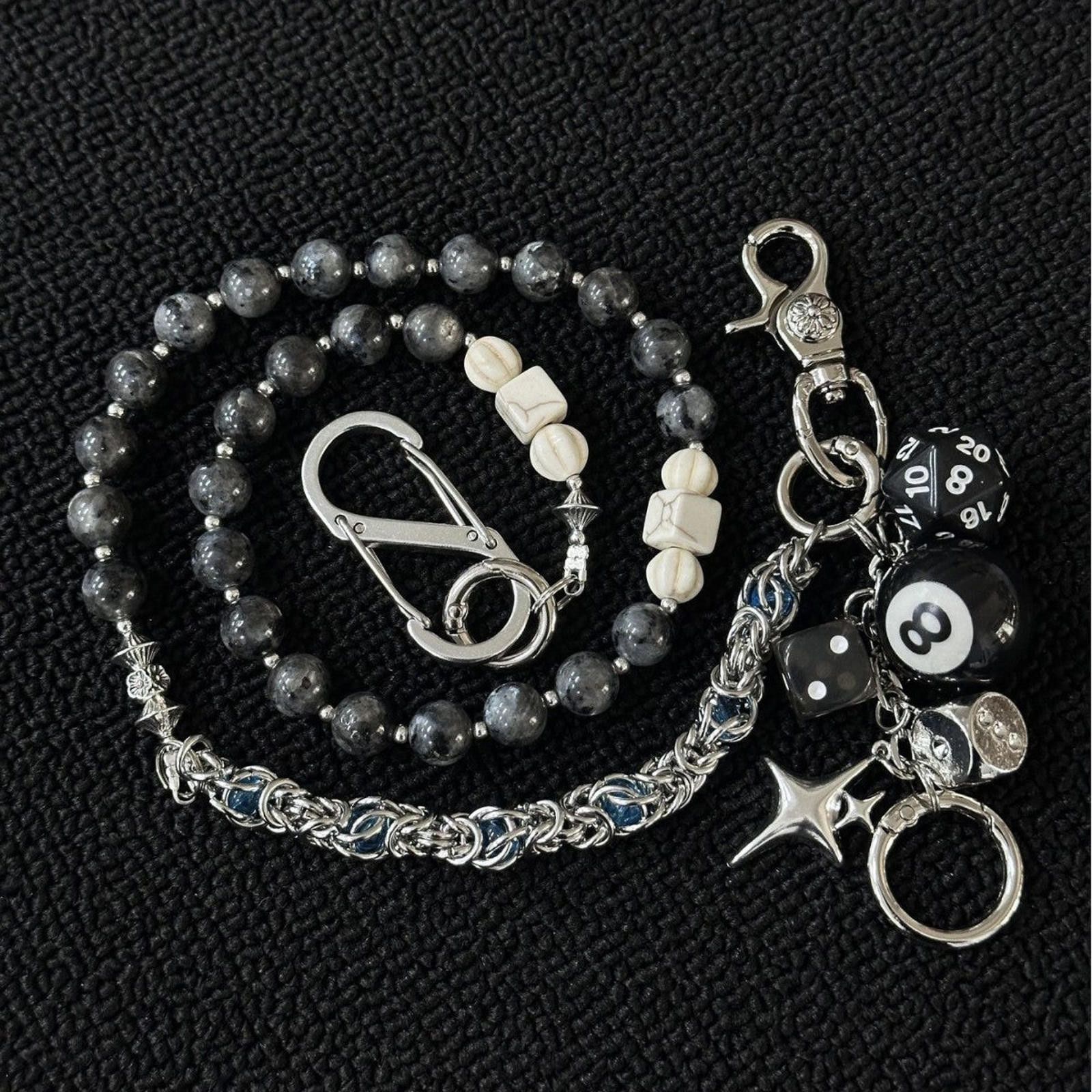 Jewelry Black Beaded Chain Wallet Keychain with Dice Charms Size ONE SIZE - 1 Thumbnail
