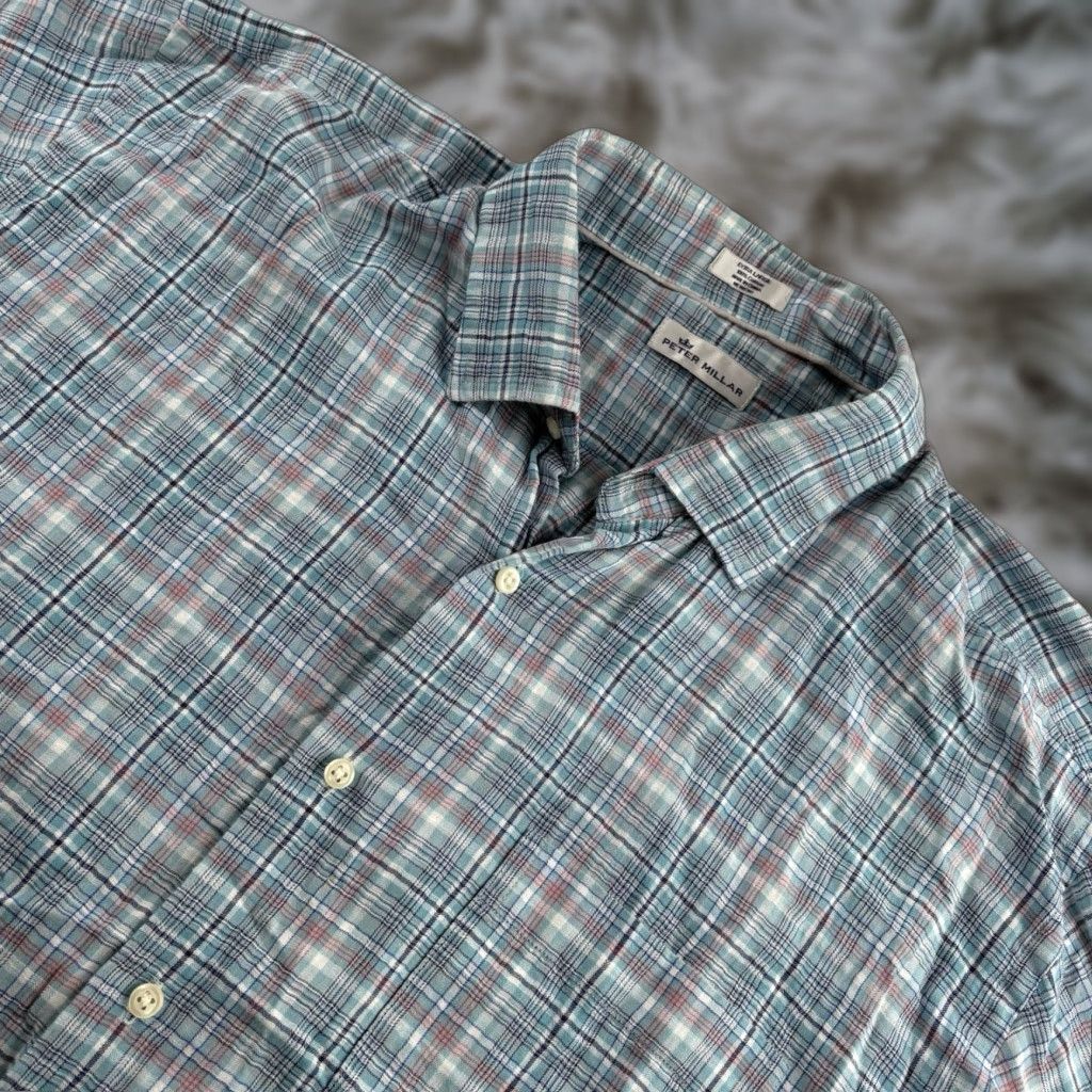 Peter Millar Shirt Men’s Cotton Plaid Button-Up Blue Large
