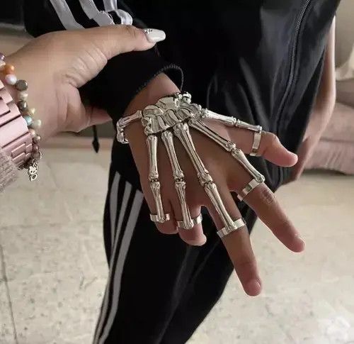 Jewelry Skeleton Ring Hand Bracelet Bones Goth Human Jewelry Chrome Size ONE SIZE - 2 Thumbnail