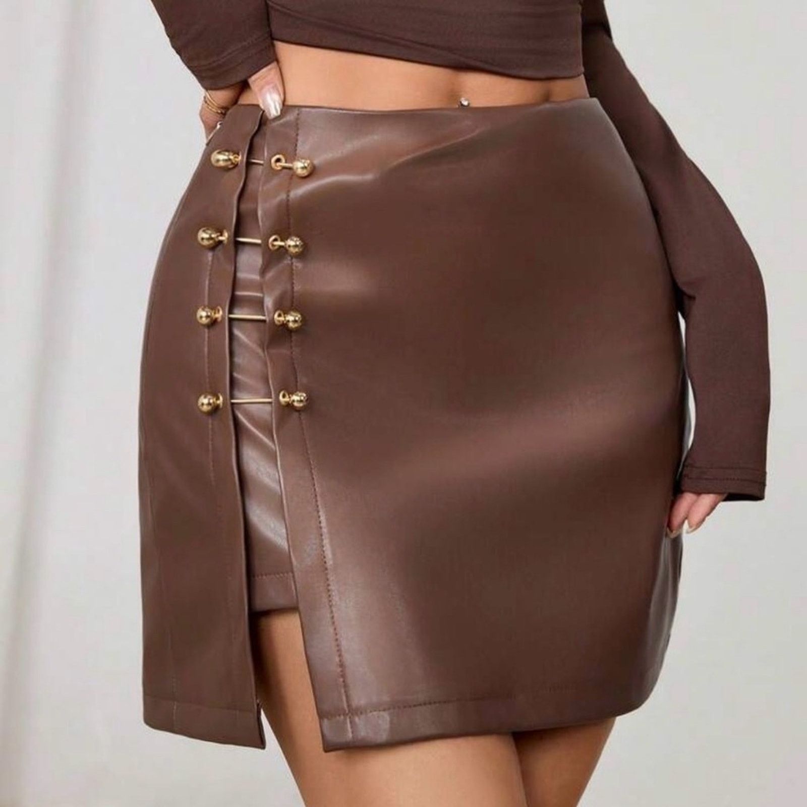 Other New Y2K Brown Faux Leather Mini Skirt size S Size 27" / US 4 / IT 40 - 3 Thumbnail