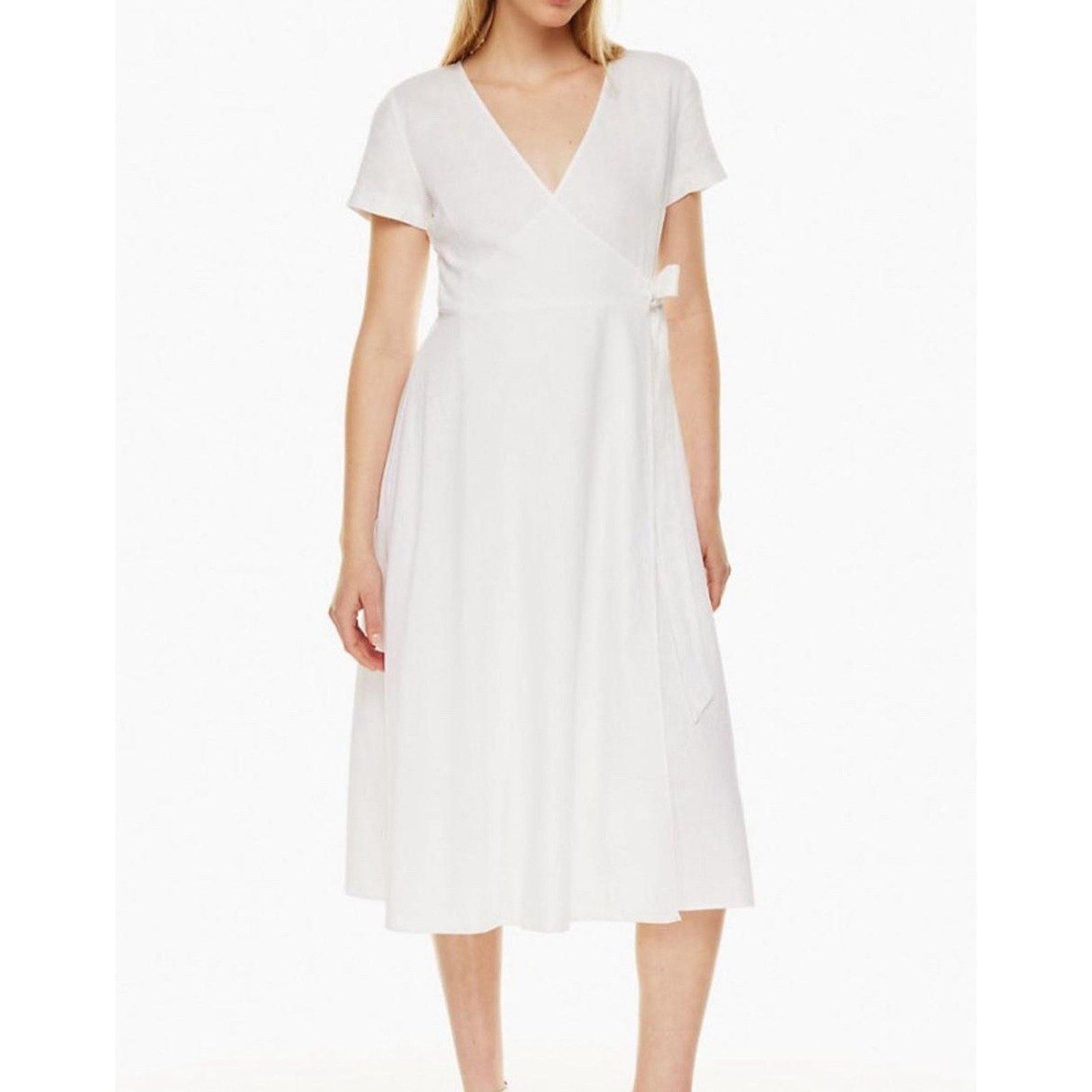 Firenze Babaton Midi Linen V-neck Wrap Dress White Minimal M A001957 Size M / US 6-8 / IT 42-44 - 1 Thumbnail