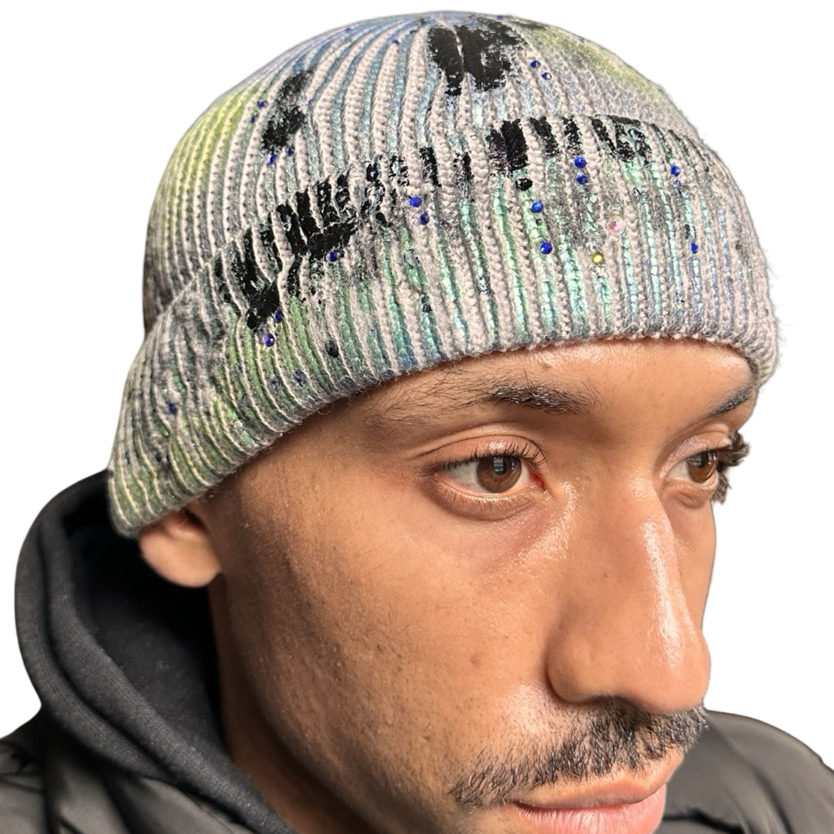 ASTROBOI* Deep Ocean Blue Green Iridescent Rhinestone Beanie