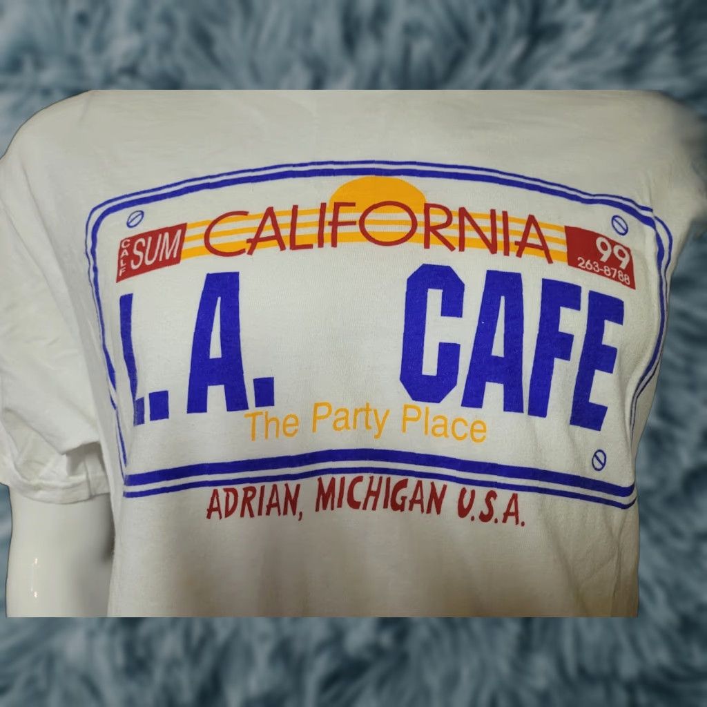 Hanes VTG Hanes T-Shirt LA Cafe Adrian MI Nightclub Bar Defunct 4460 W. Maumee St. Primitive? Large White Men Shirt Size US L / EU 52-54 / 3 - 1 Thumbnail