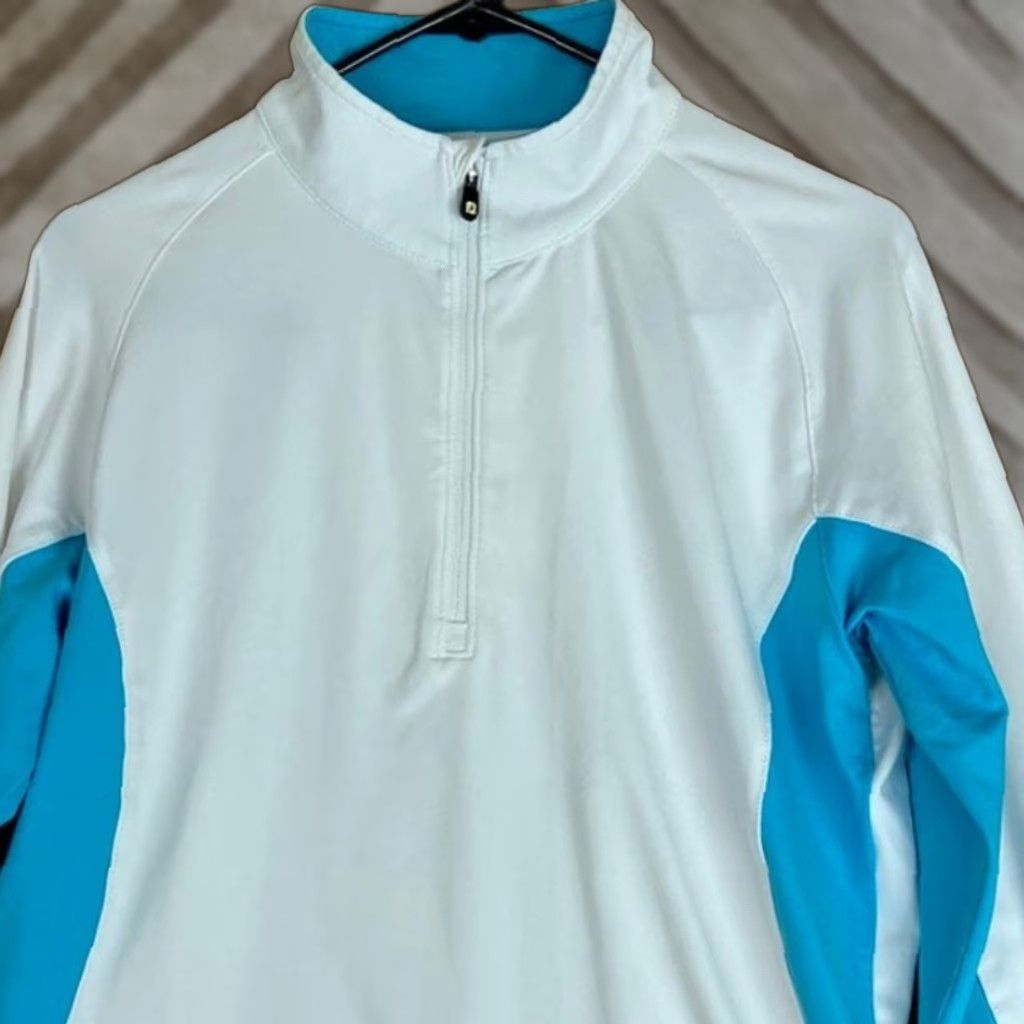 Footjoy FootJoy Womens Jacket White Blue Mid Layer 1/4 Zip Stretch Medium Jacket Womens Adult M White Blue 1/4 Zip Casual Travel Workwear Golf Outdoors Size M / US 6-8 / IT 42-44 - 1 Thumbnail