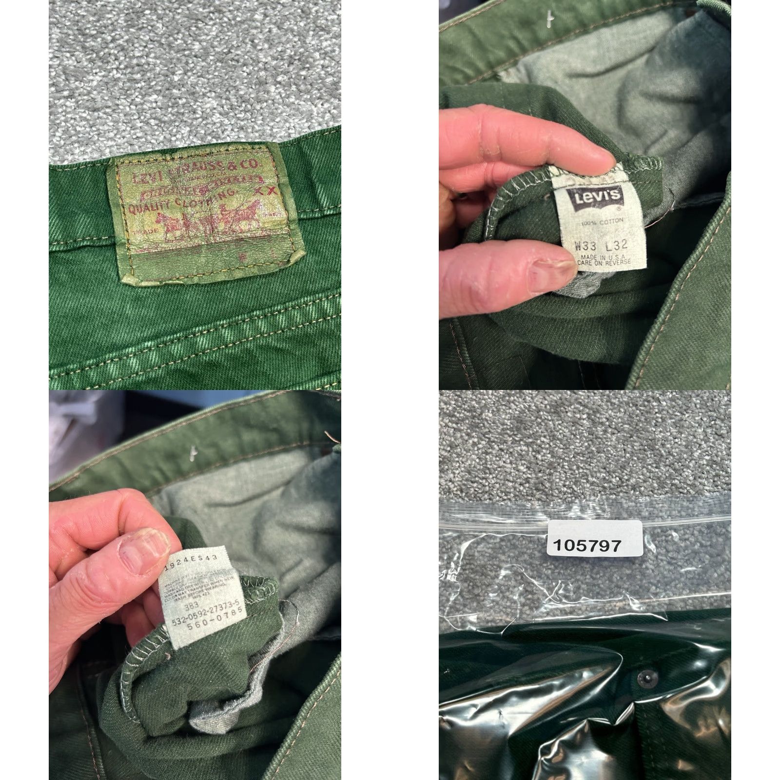 VINTAGE Levis Jeans 32x32 Mens Green Cotton Denim 5-Pocket Button Zipper Regular Straight 32 Inseam USA Made