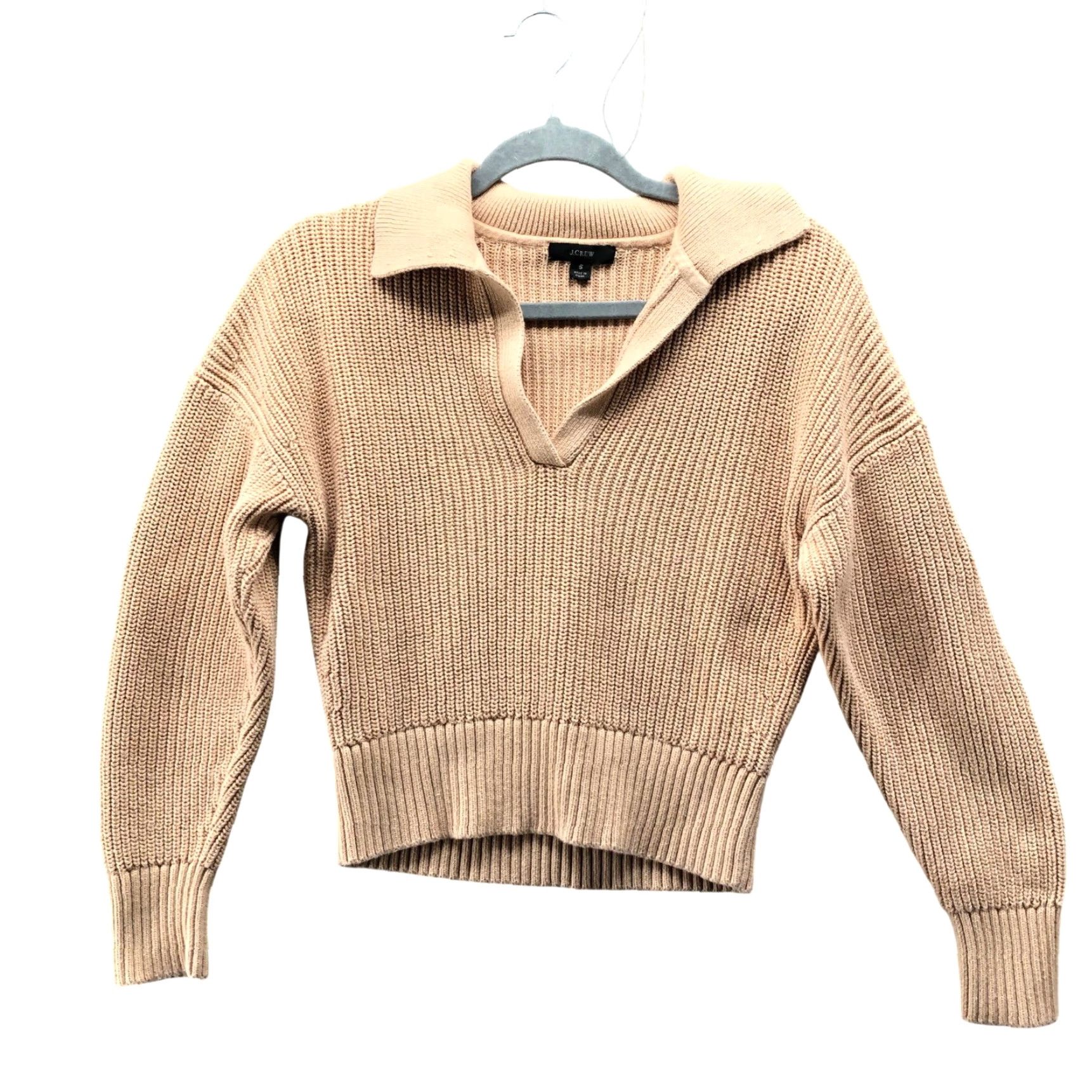 J.Crew J. Crew Polo Sweater Womens S Tan Collared Shaker Stitch Split Neck Cropped Pullover Knit Size S / US 4 / IT 40 - 2 Thumbnail