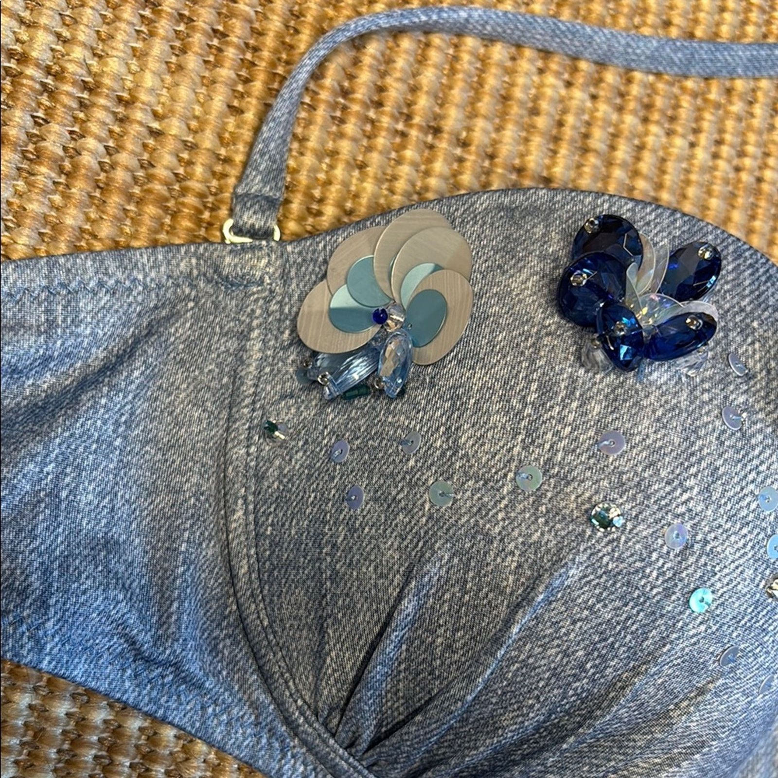 Blumarine NWT Blumarine Blue denim flowers beads Bikini Size L Size ONE SIZE - 7 Thumbnail