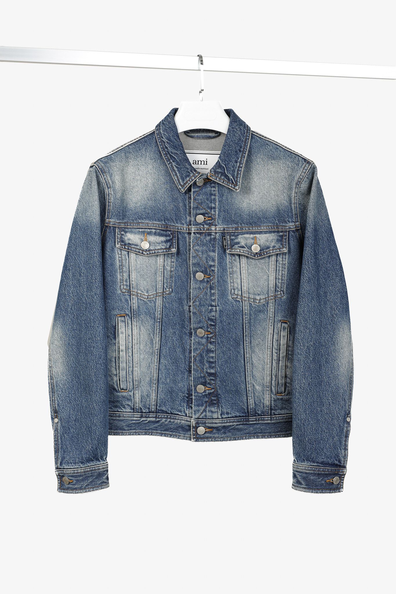 AMI AMI "Used Blue" Weathered Patch-Pocket Denim Jacket Size US S / EU 44-46 / 1 - 1 Thumbnail