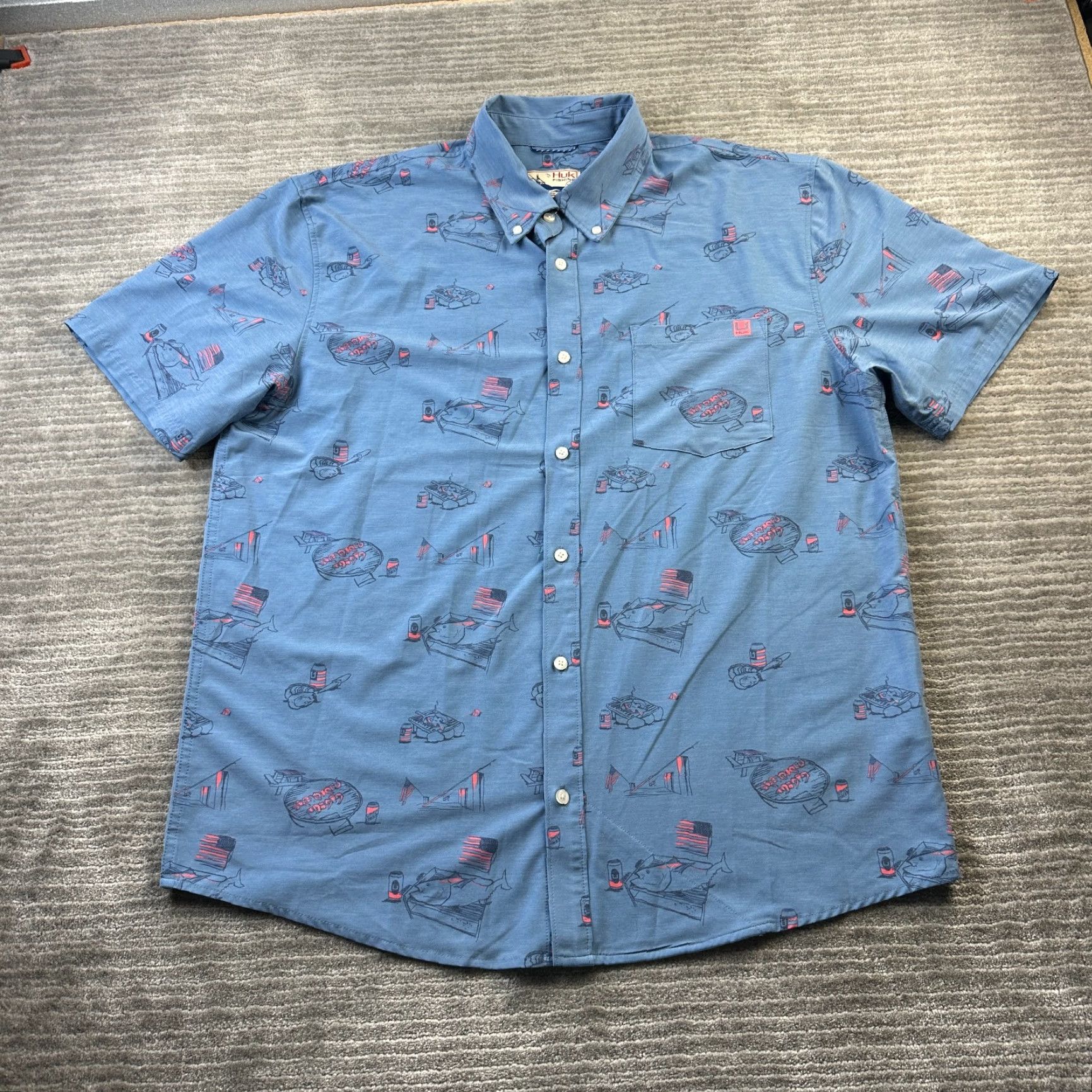 Vintage Huk Shirt Mens Extra Large Blue All Over Print Performance Fishing Outdoors USA Size US XL / EU 56 / 4 - 2 Thumbnail
