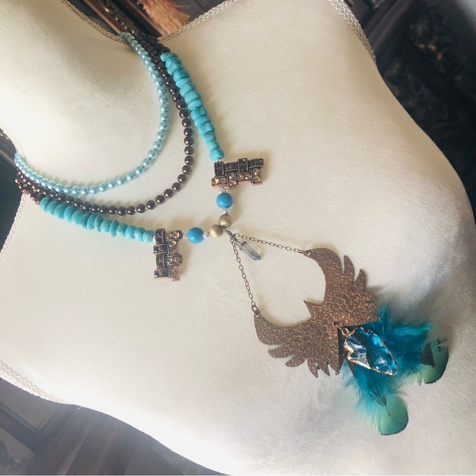Handmade Handcrafted copper eagle Czech Pearl howlite necklace Size ONE SIZE - 1 Thumbnail