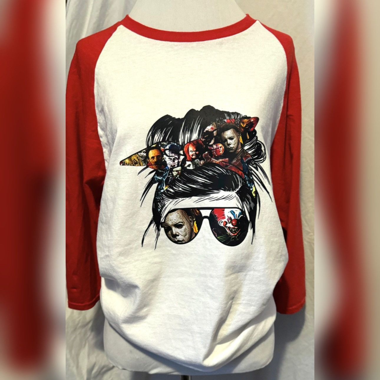 Other Messy Bun/Horror Movie, Custom Halloween Raglan Tee Size M / US 6-8 / IT 42-44 - 2 Thumbnail