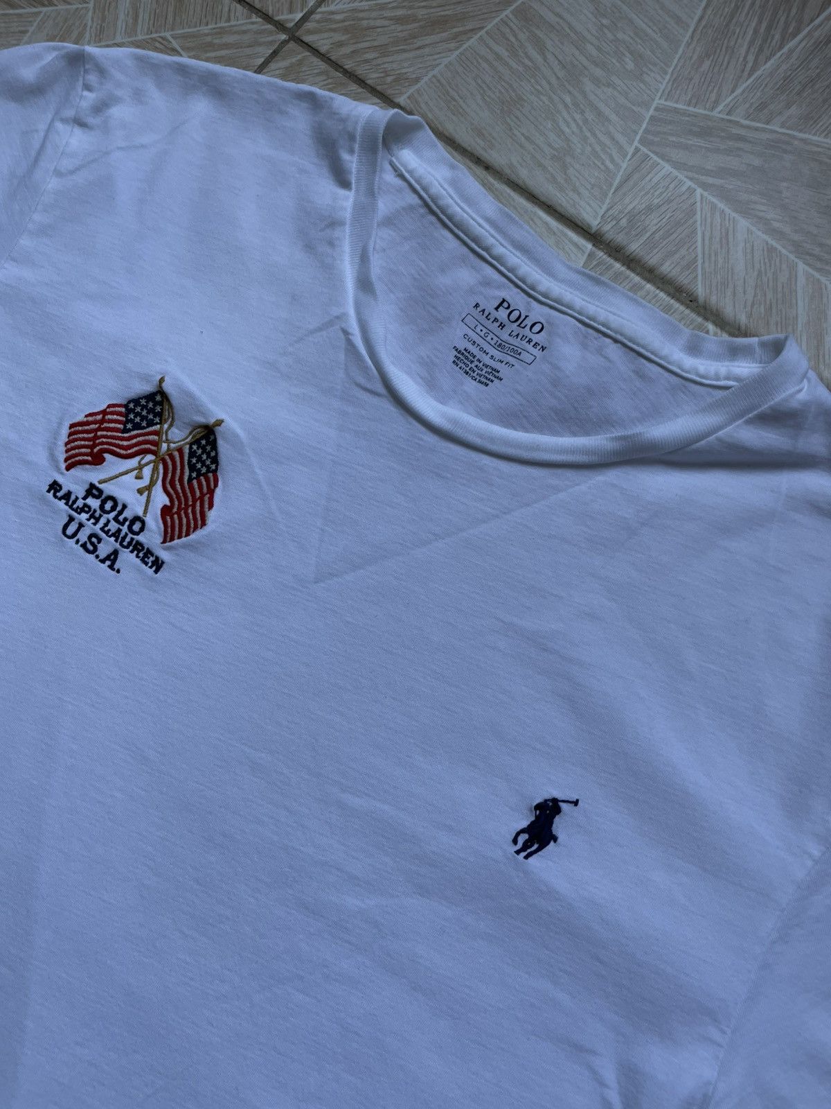 Designer Polo Ralph Lauren USA Flag Embroidered Logo Tee White L Men Size US L / EU 52-54 / 3 - 2 Thumbnail