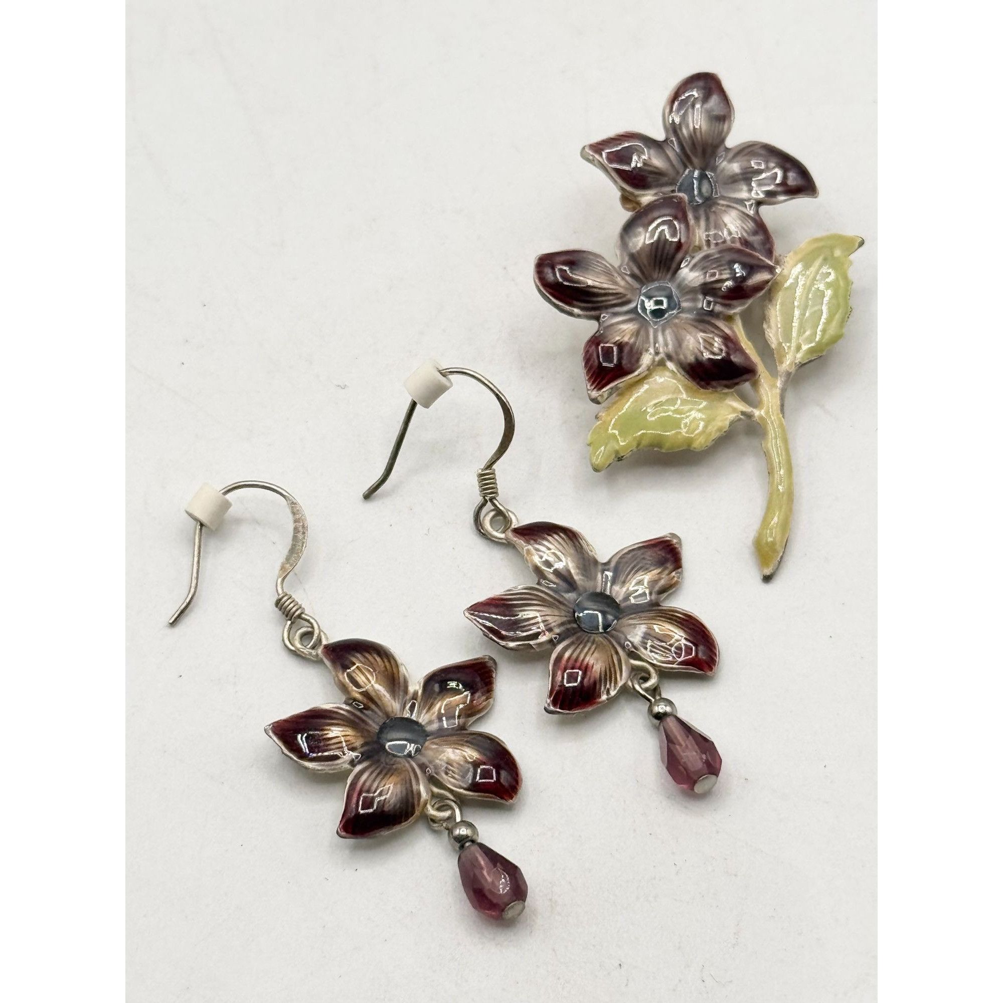 Vintage Enamel flower brooch pin and earrings set Size ONE SIZE - 3 Thumbnail