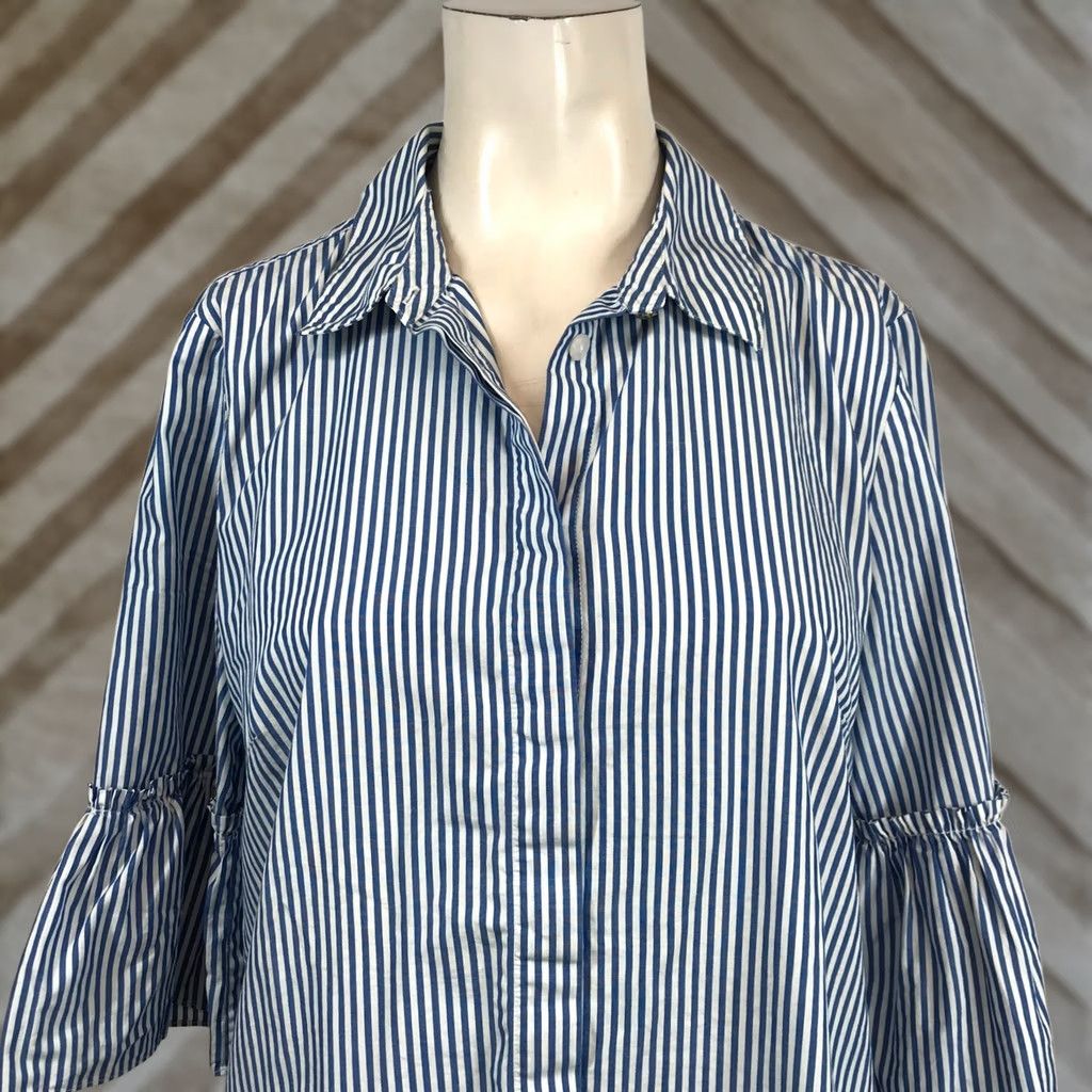 Vintage Draper James Button-Down Shirt Striped Blue White Bell Sleeve Ruffle 100% Cotton 12 Womens Size XL / US 12-14 / IT 48-50 - 1 Thumbnail