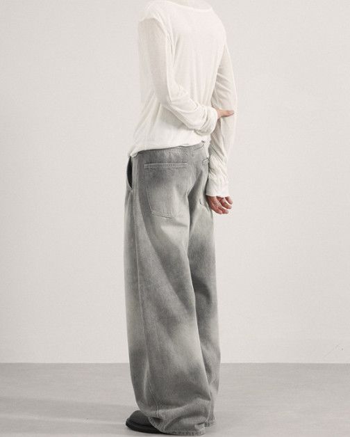 Japanese Brand Men's Retro Tie-Dye Gray Loose Wide-Leg Curved Jeans Size US 32 / EU 48 - 3 Thumbnail