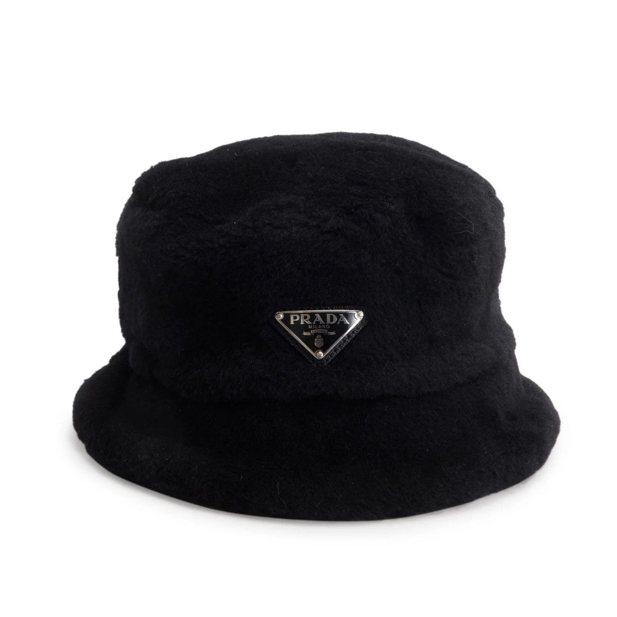Prada Prada Black Shearling Triangle Logo Bucket Hat Size M Size ONE SIZE - 1 Thumbnail