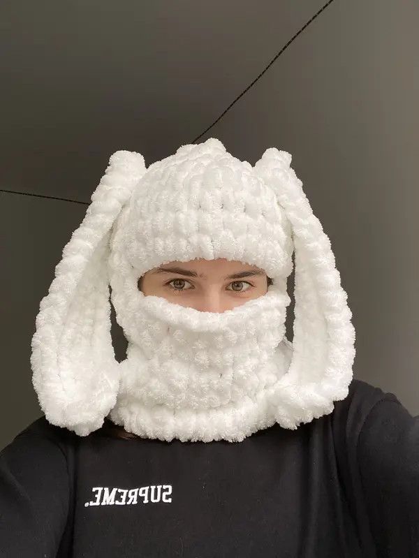 VIBE Handmade Plush Knitted Balaclava Ski Mask Bunny Rabbit Style Size ONE SIZE - 7 Thumbnail