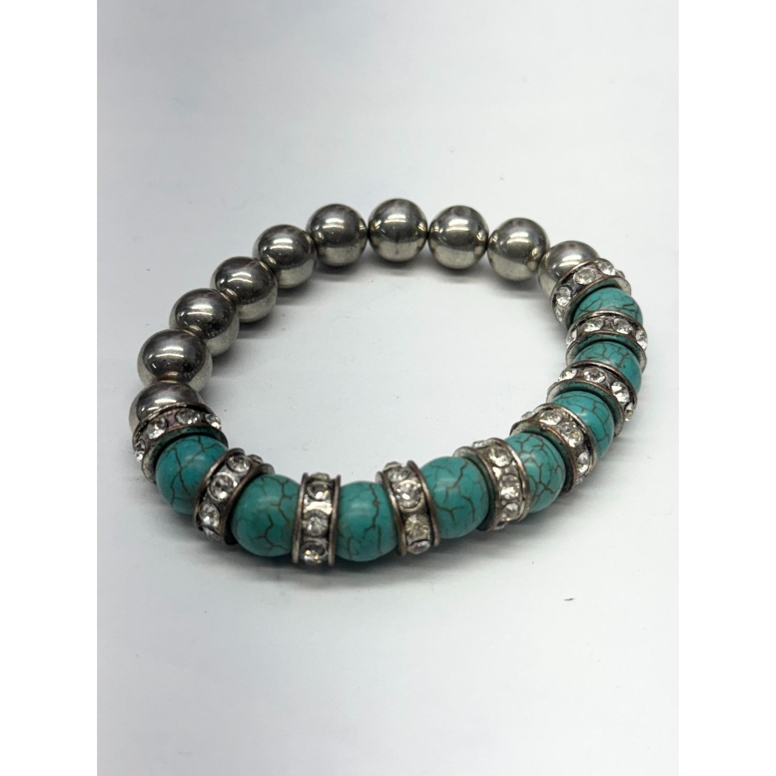 Vintage Vintage silver turquoise rhinestone beaded stretch bracelet Size ONE SIZE - 3 Thumbnail