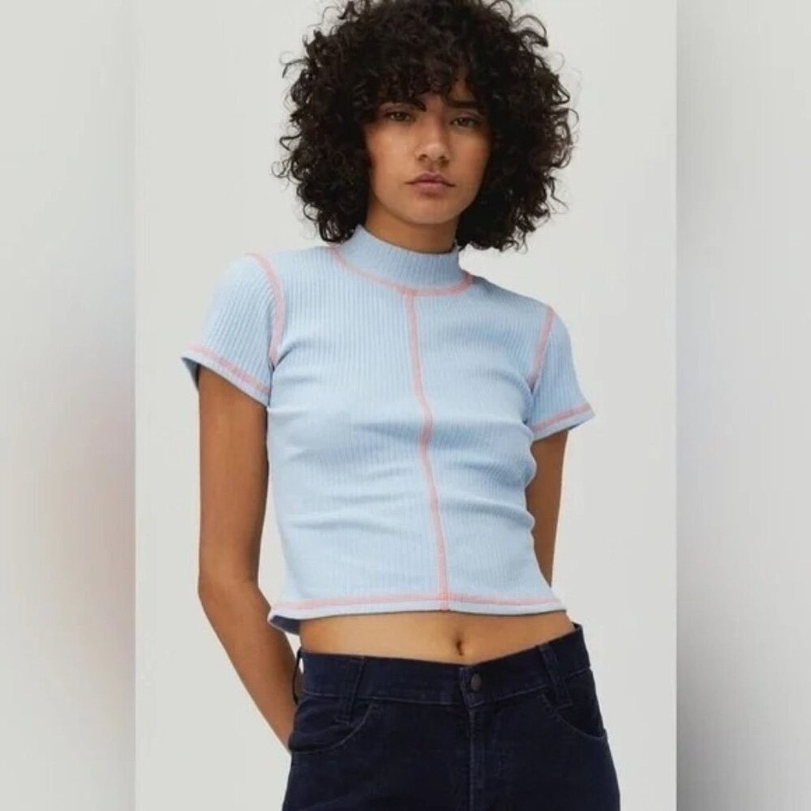 Daydreamer Daydreamer Ribbed Mock Neck Tee Blue Orange Contrast Large Size L / US 10 / IT 46 - 1 Thumbnail