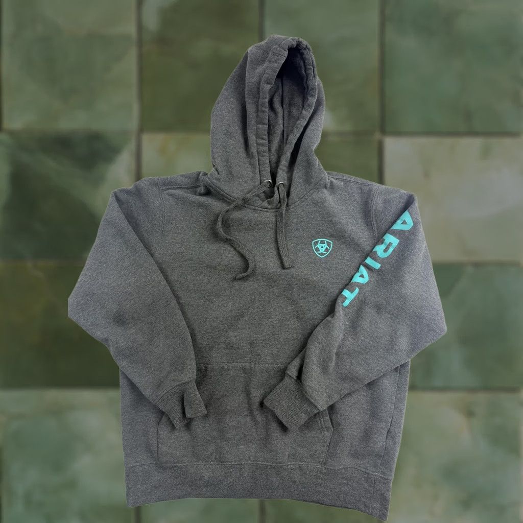 Ariat Ariat Hoodie Mens Gray Pullover Fleece Graphic Print Logo Sleeve Teal Read Sweatshirt Size US S / EU 44-46 / 1 - 1 Thumbnail