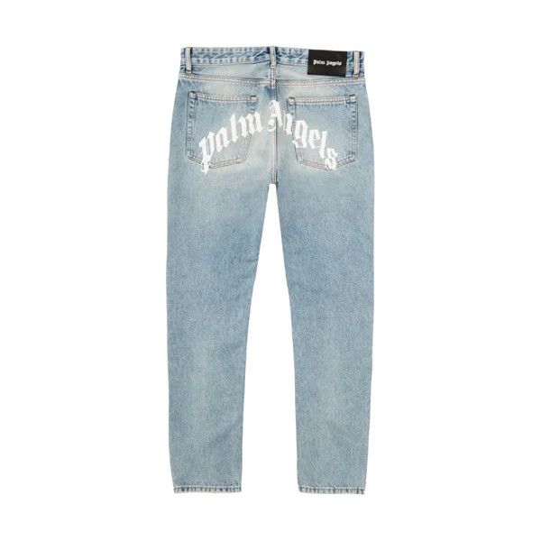 image of Palm Angels Curved Logo Denim Straight Leg Jean in Light Blue, Men's (Size 34)