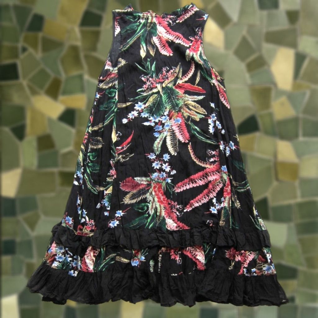 Vintage VINTAGE Papillon 100% Rayon Black Green Pink Floral Sleeveless Ruffle Tank Sun Dress Small Size S / US 4 / IT 40 - 1 Thumbnail