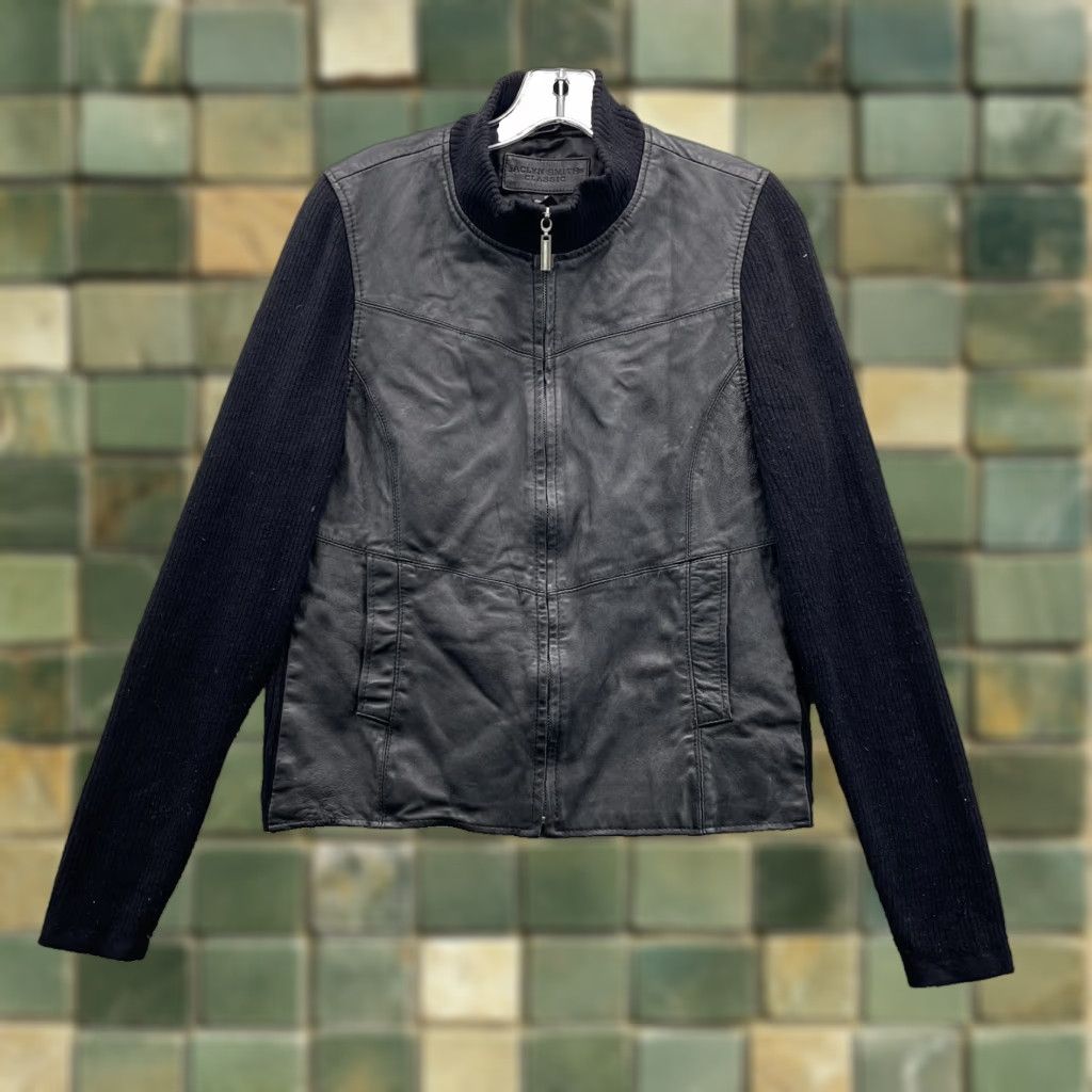 Vintage Jaclyn Smith Leather Jacket Women's 10 Knit Sleeve Biker Corpcore Solid Black Full Zip Lined Jacket Size L / US 10 / IT 46 - 1 Thumbnail