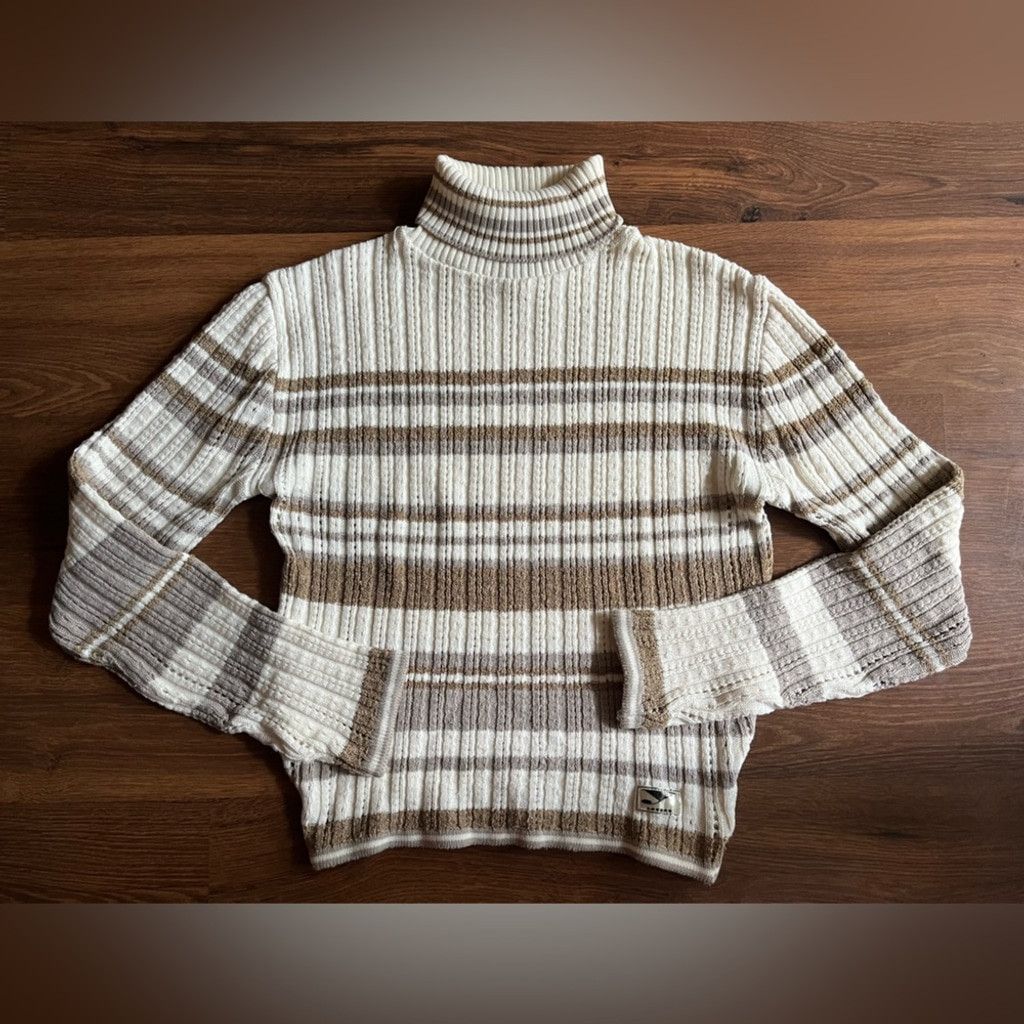 Unknown London 🍂 Y London Beige & White Striped Turtleneck Sweater Size L / US 10 / IT 46 - 1 Thumbnail