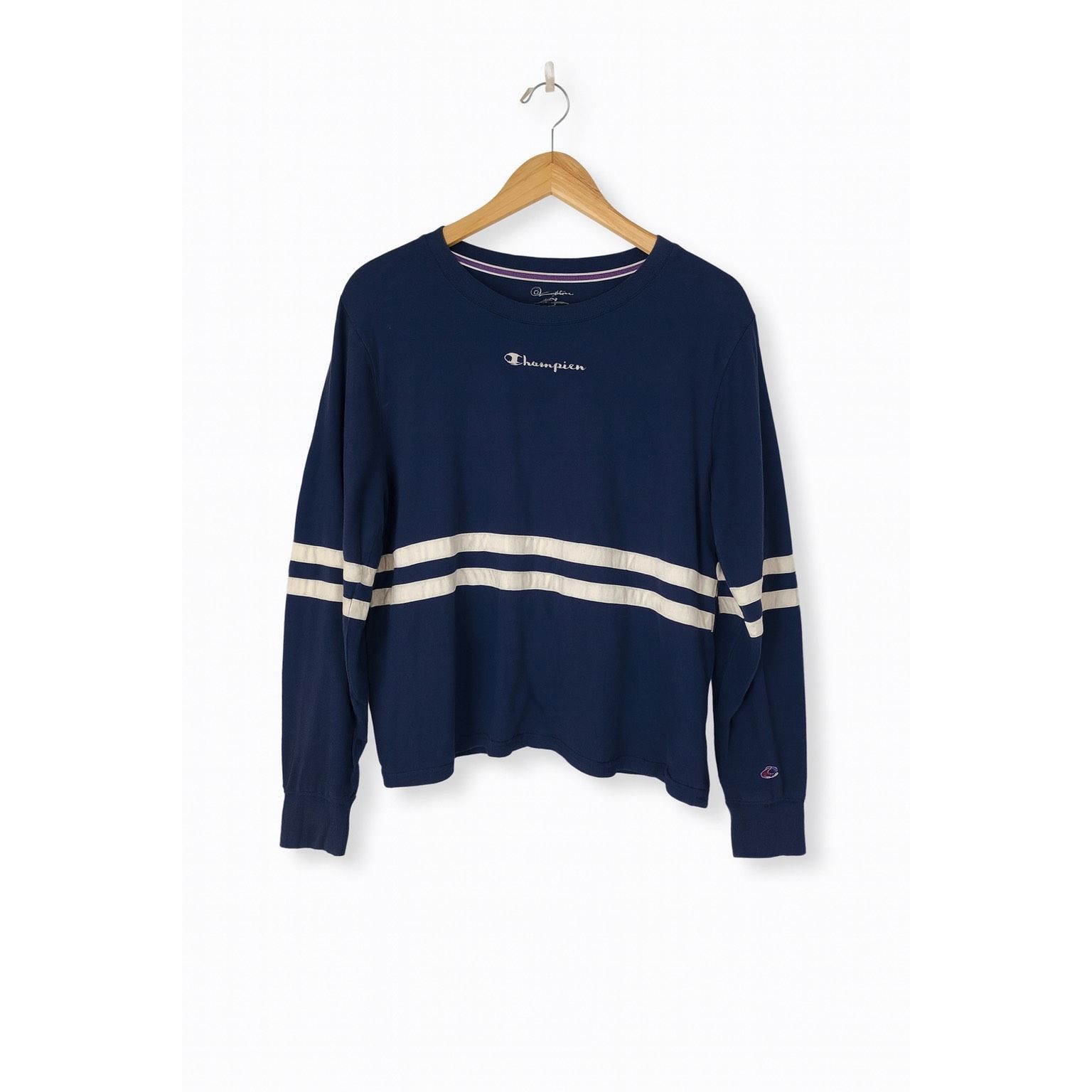 Champion Champion Navy Blue Striped Long Sleeve Athletic Top | Size M Size M / US 6-8 / IT 42-44 - 3 Thumbnail