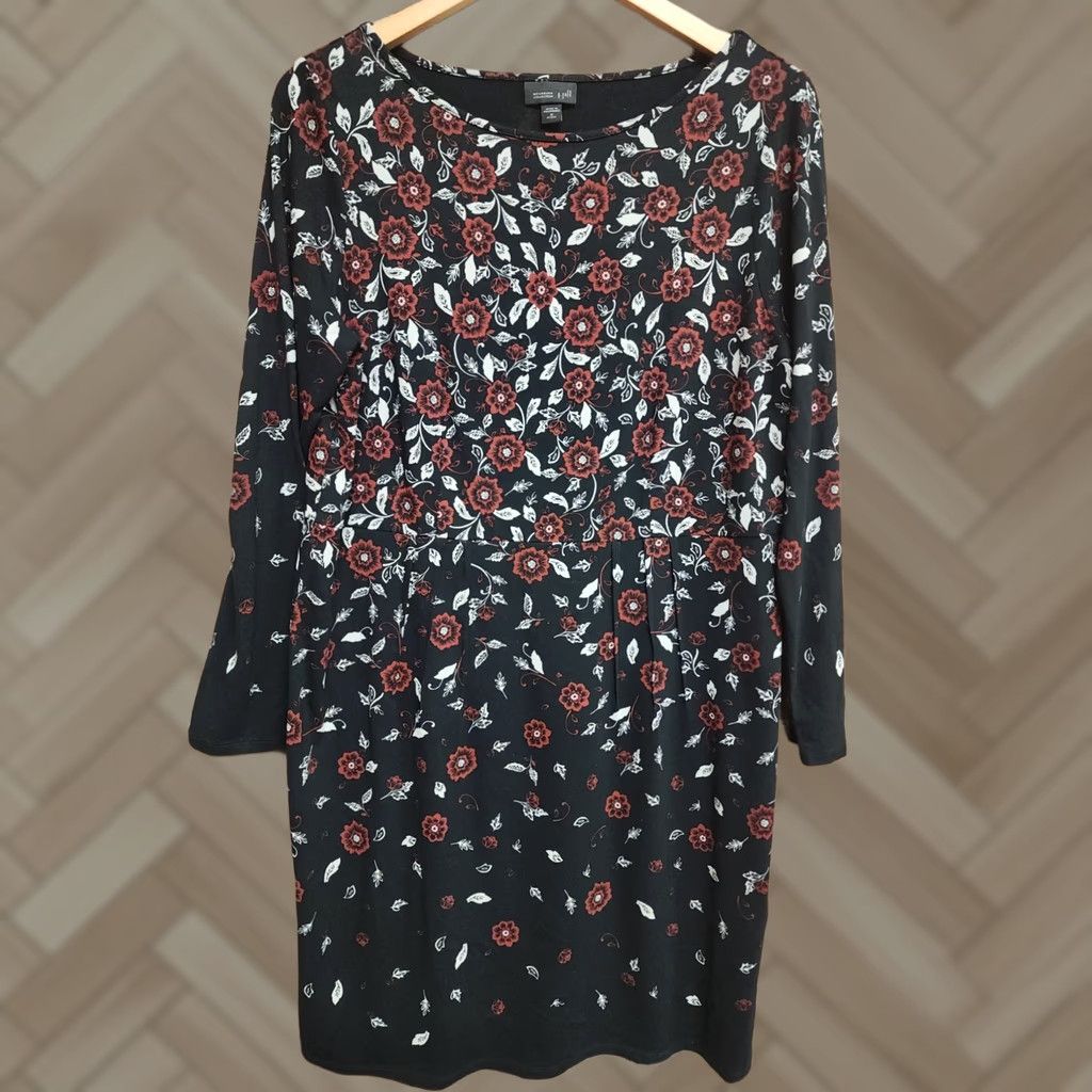 J. Jill J. Jill Wearever Collection Black Floral Knit Midi Dress Long Sleeve MP Women Petite Shifts Geometric Pattern Size M / US 6-8 / IT 42-44 - 1 Thumbnail